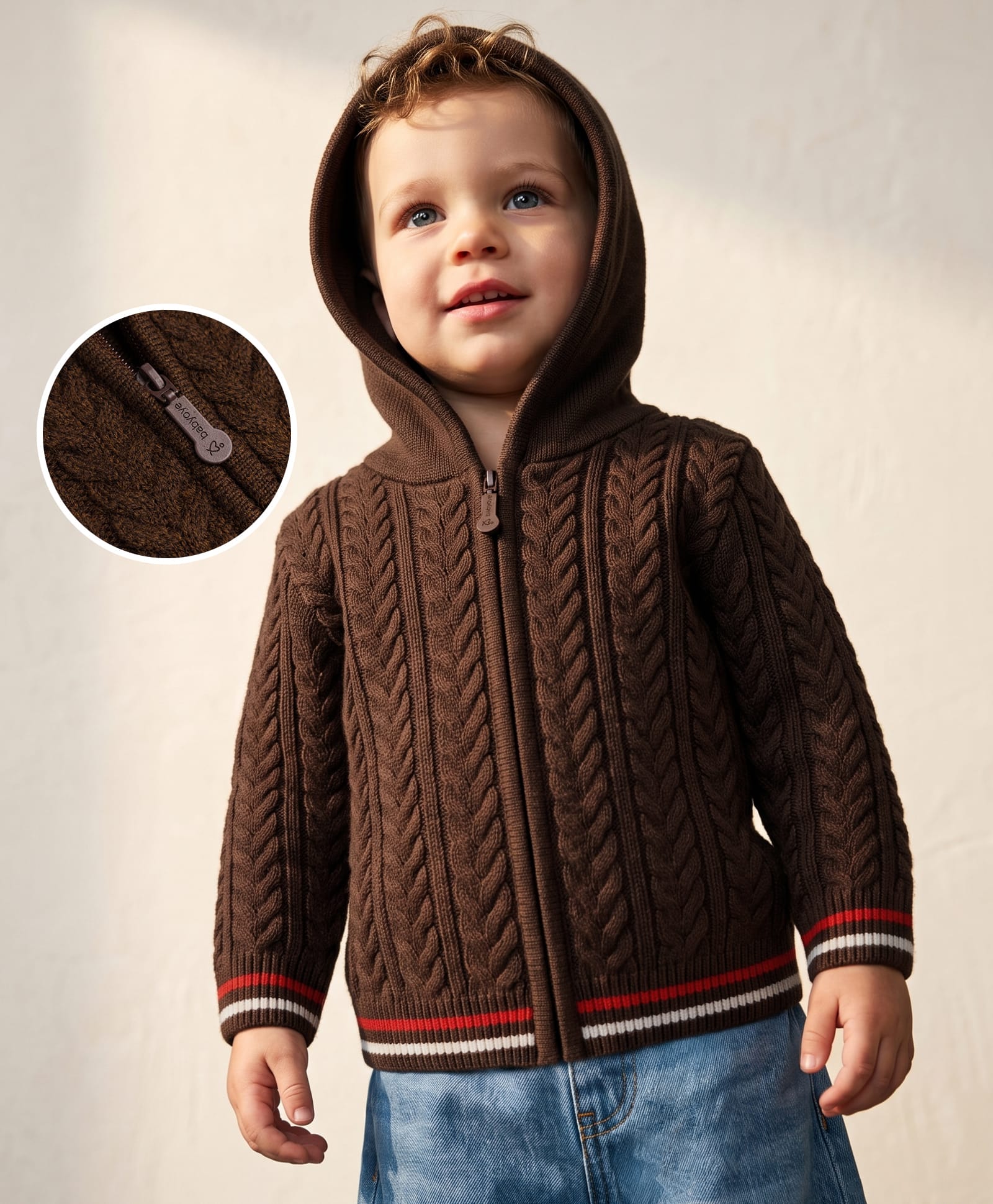 Babyoye Knit Full Sleeves Hooded Front Open Sweater With Cable Knit Design - Brown-picture-5