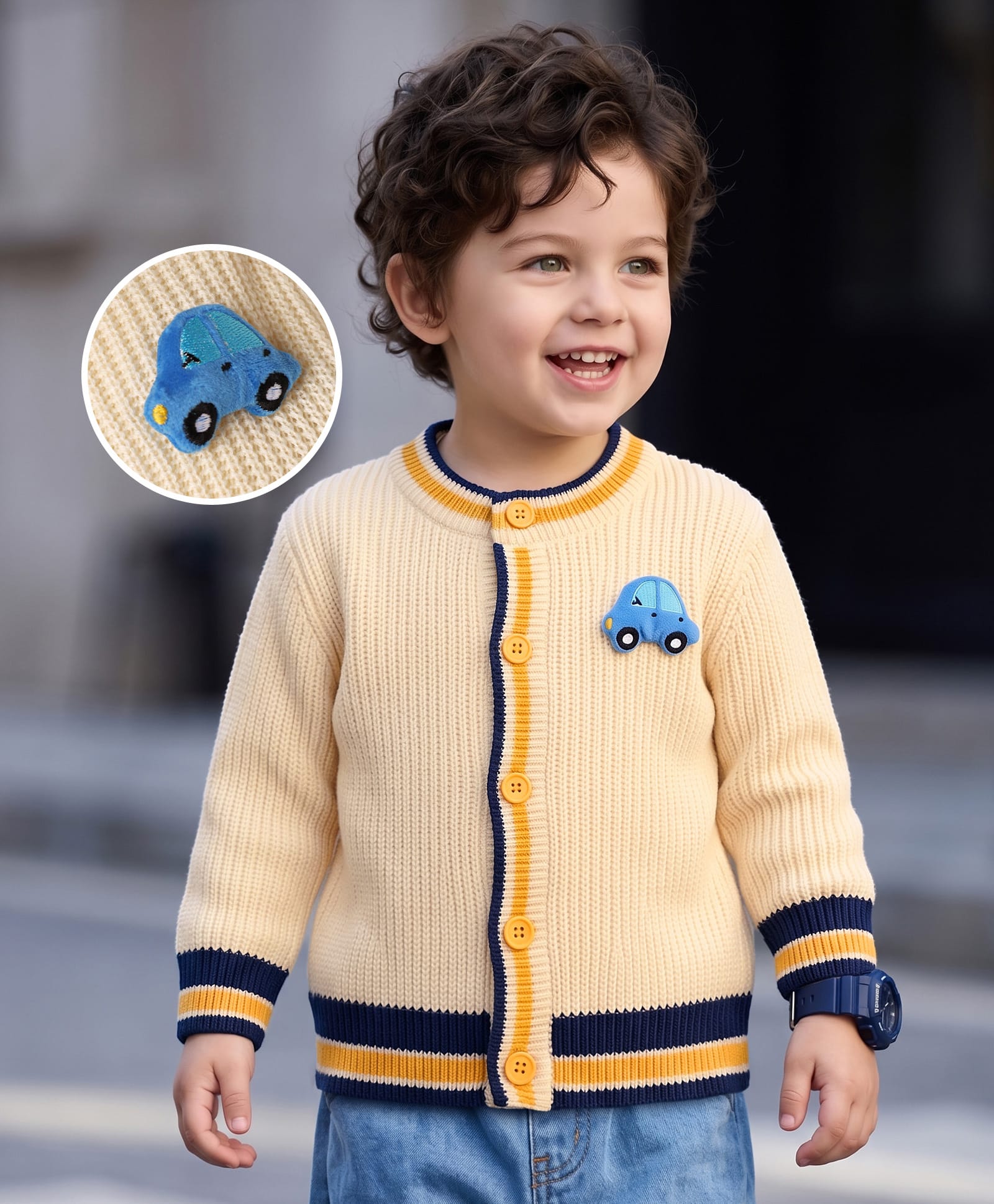 Babyoye Cable Knit Full Sleeves Seven Gauge Front Open Sweater With Car Applique - OffWhite-picture-6