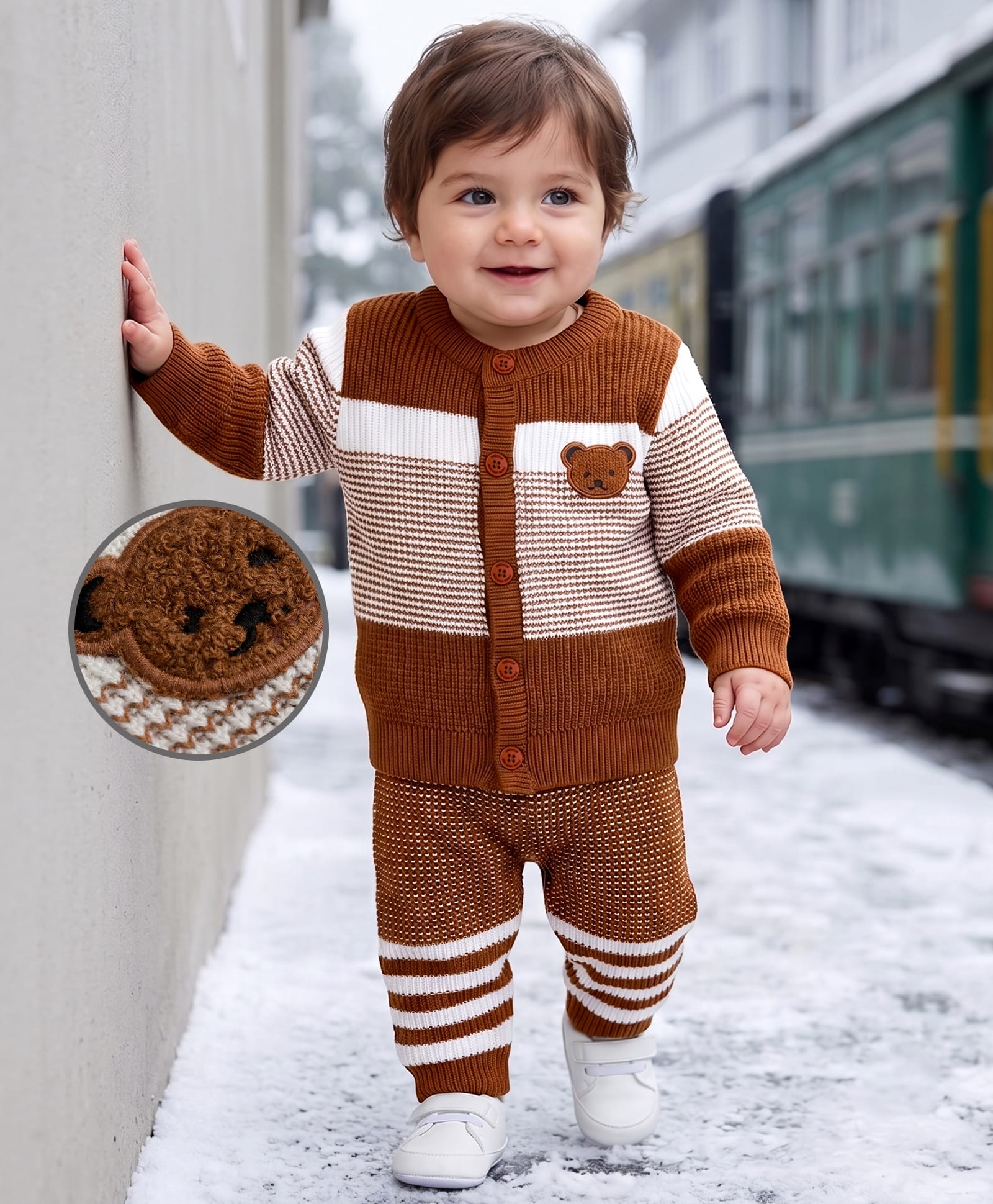 Babyoye Jacquard Knit Full Sleeves Striped Sweater Set With Bear Design - Brown-image-17