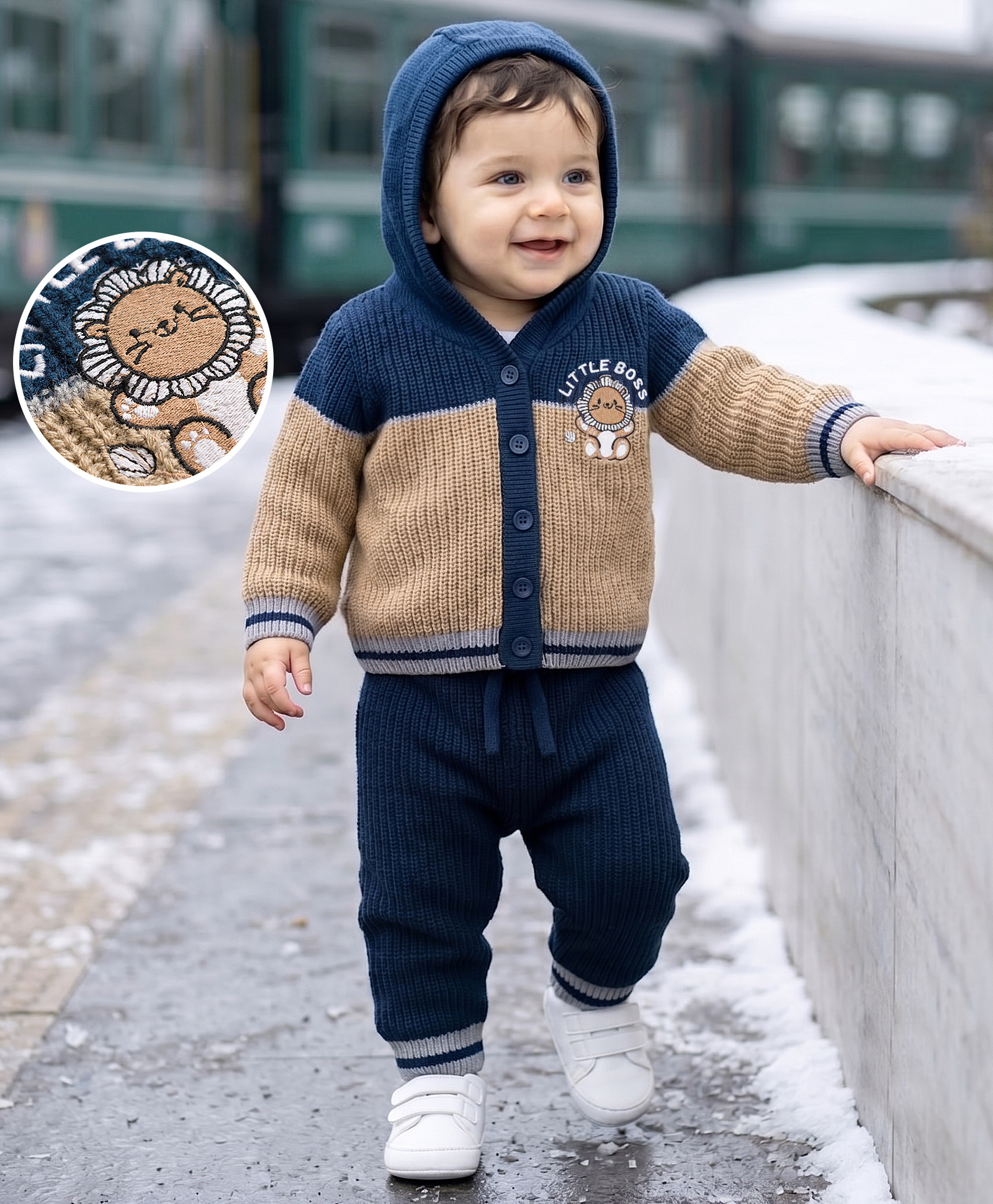 Babyoye Knit Full Sleeves Hooded Lion Printed Sweater Set - Navy Blue & Beige-picture-30