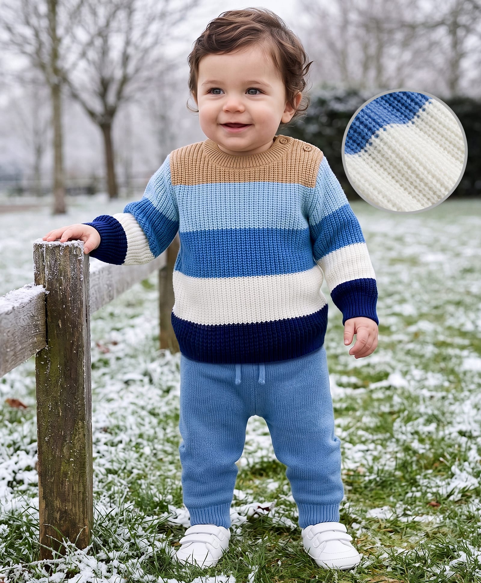 Babyoye Tuck Knit Full Sleeves Colour Block Striped Sweater Set- Navy Blue White & Brown-image-22