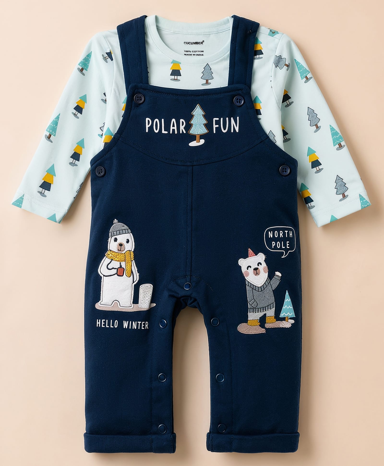 CUCUMBER Terry Knit Full Sleeves T-Shirt & Bear Applique Dungaree - Navy Blue-image-38
