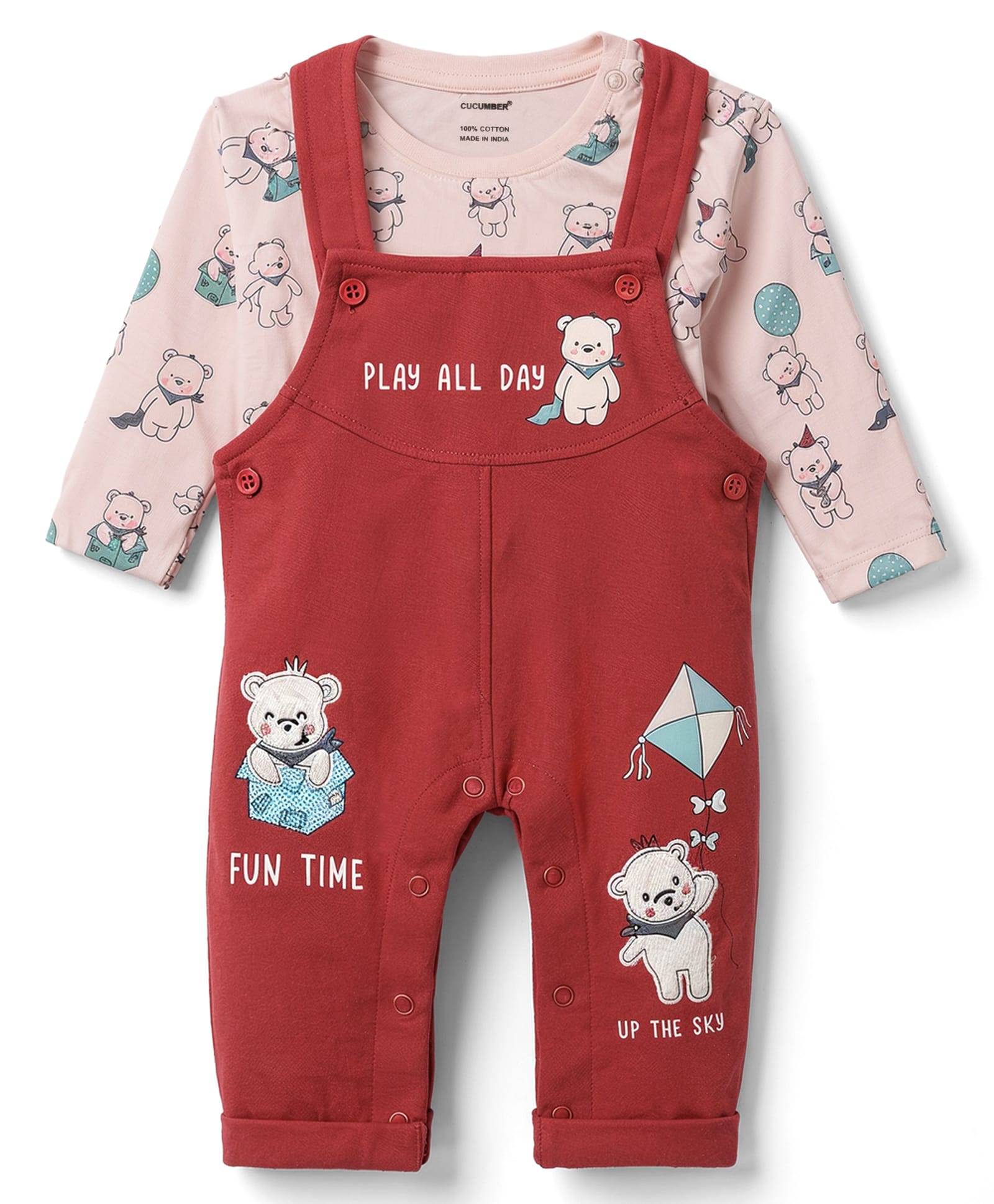CUCUMBER Terry Knit Full Sleeves Teddy Bear Printed T-Shirt With Applique Dungaree - Red-image-39