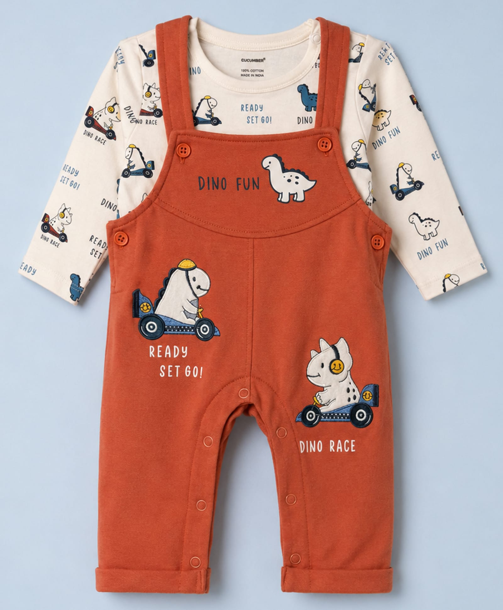 CUCUMBER Terry Knit Full Sleeves Dino Printed T-Shirt With Applique Dungaree - Coral-image-37