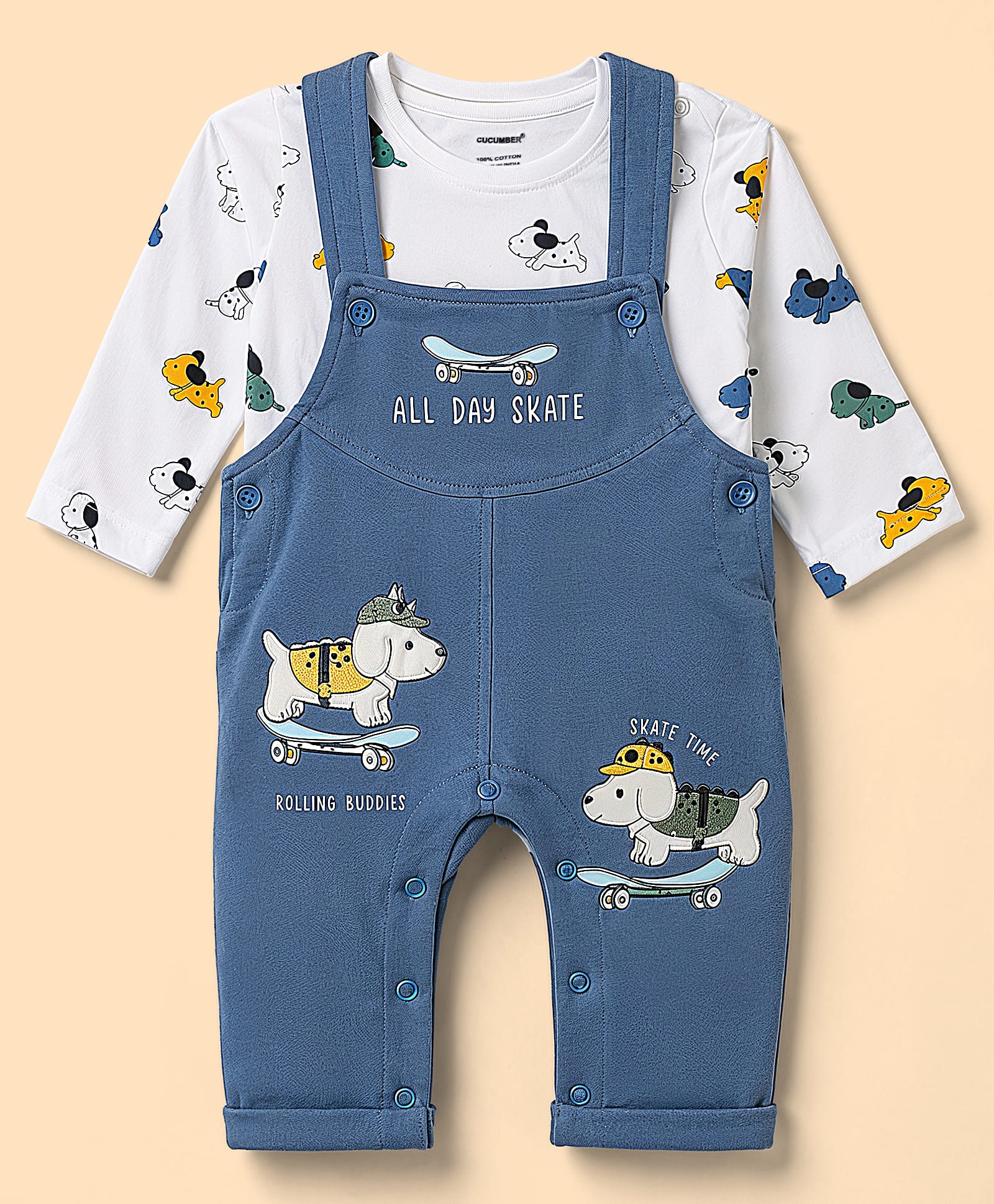 CUCUMBER Terry Knit Full Sleeves Puppy Printed T-Shirt With Applique Dungaree -Blue-picture-0