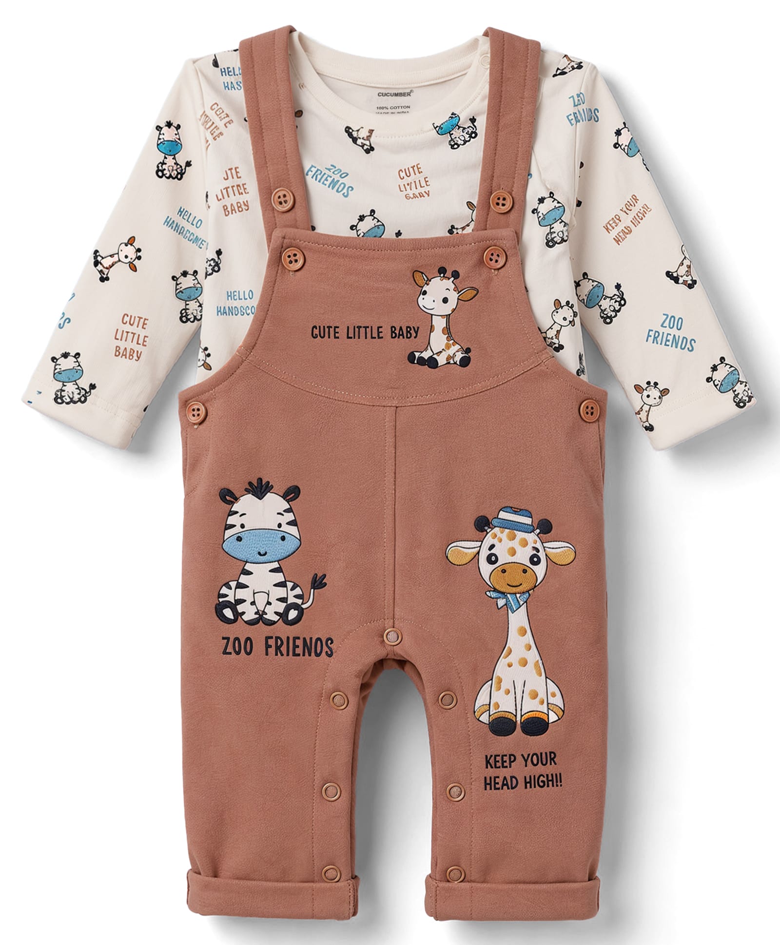 CUCUMBER Terry Knit Full Sleeves Animal Printed T-Shirt With Applique Dungaree - Light Brown-image-28