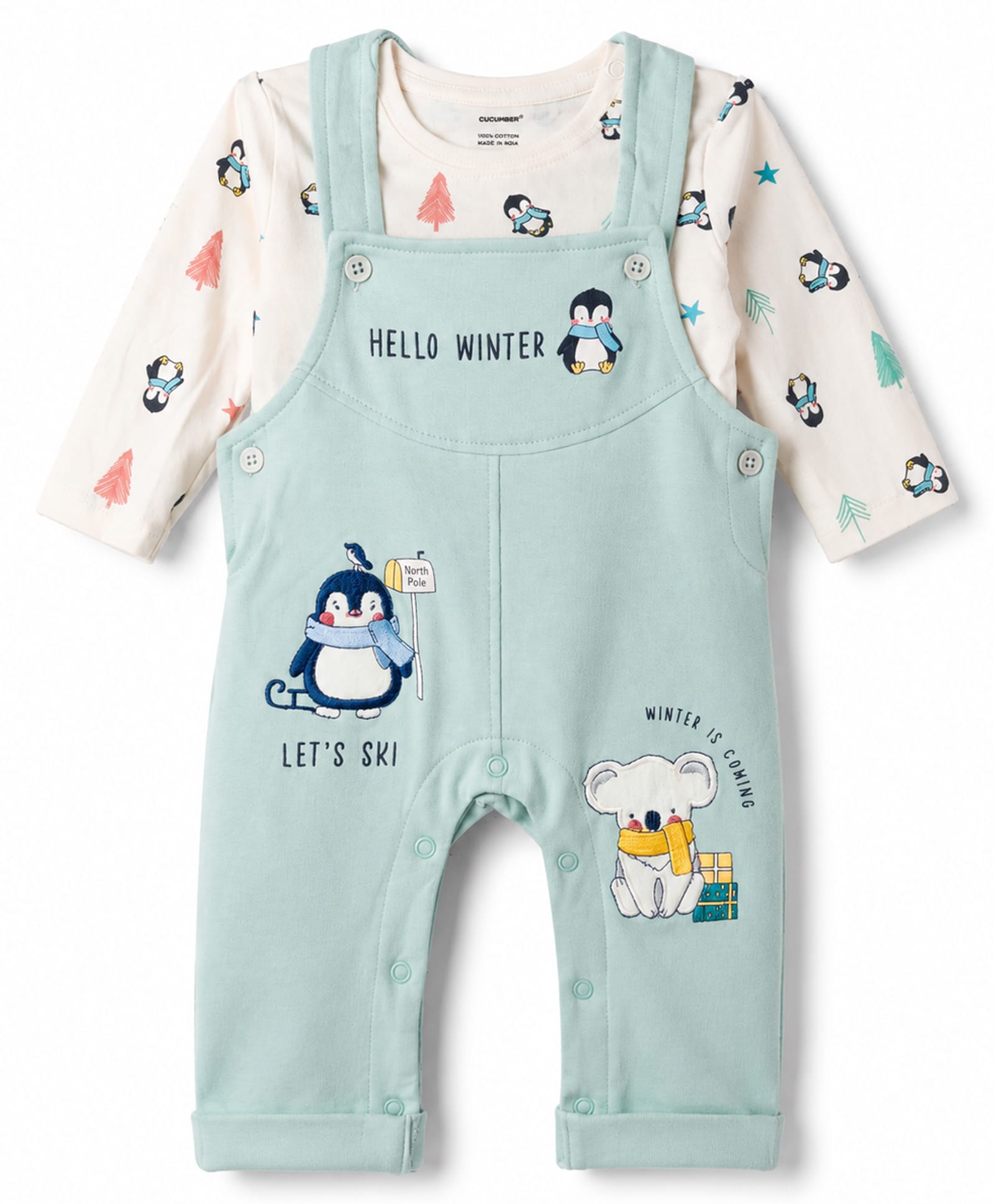 CUCUMBER Terry Knit Full Sleeves Penguin Printed T-Shirt With Applique Dungaree -Sea Green-picture-22