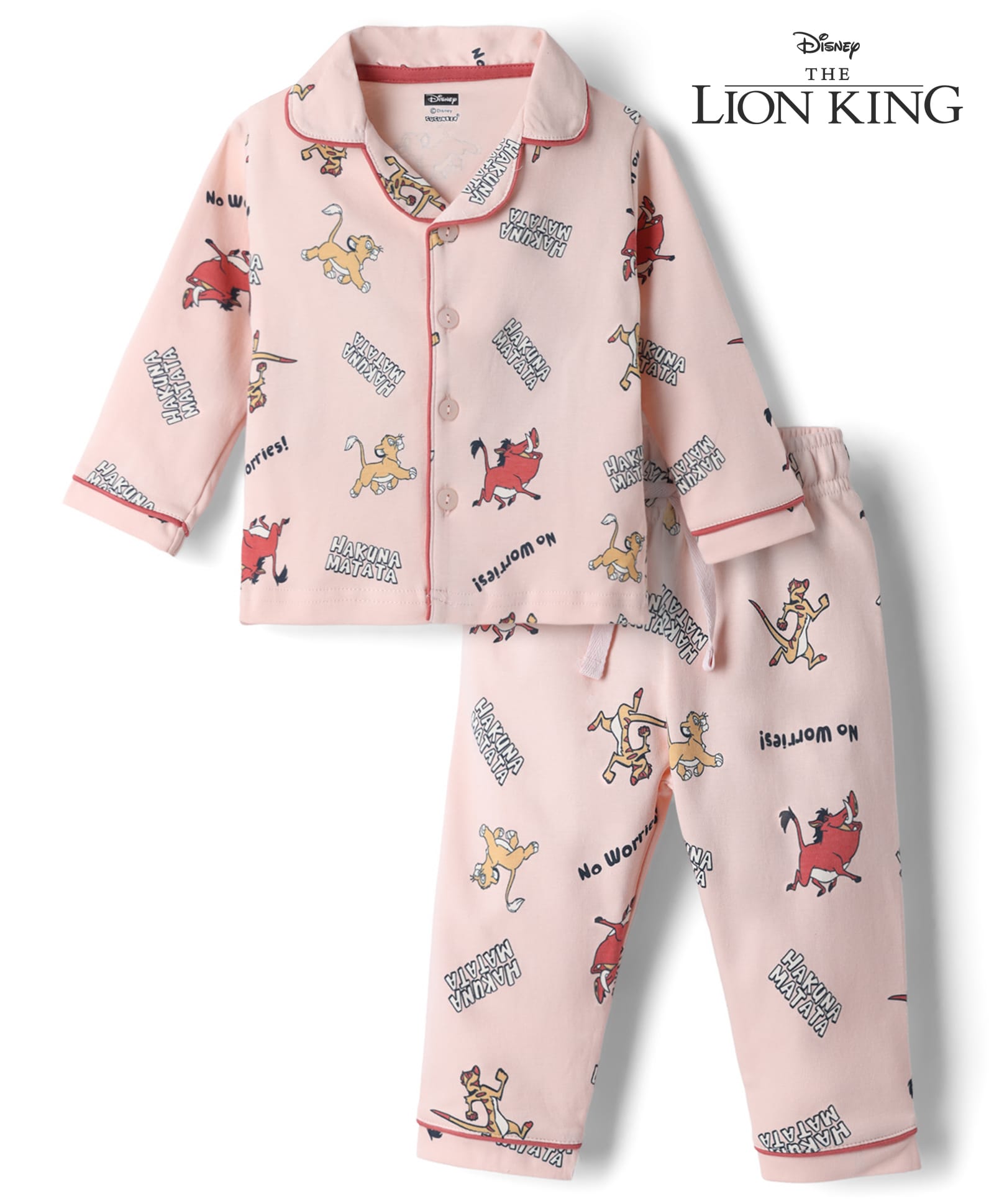 CUCUMBER Cotton Knit Full Sleeves Co-Ords Shirt & Pyjama Night Suit With The Lion King Graphic - Pink-image-5