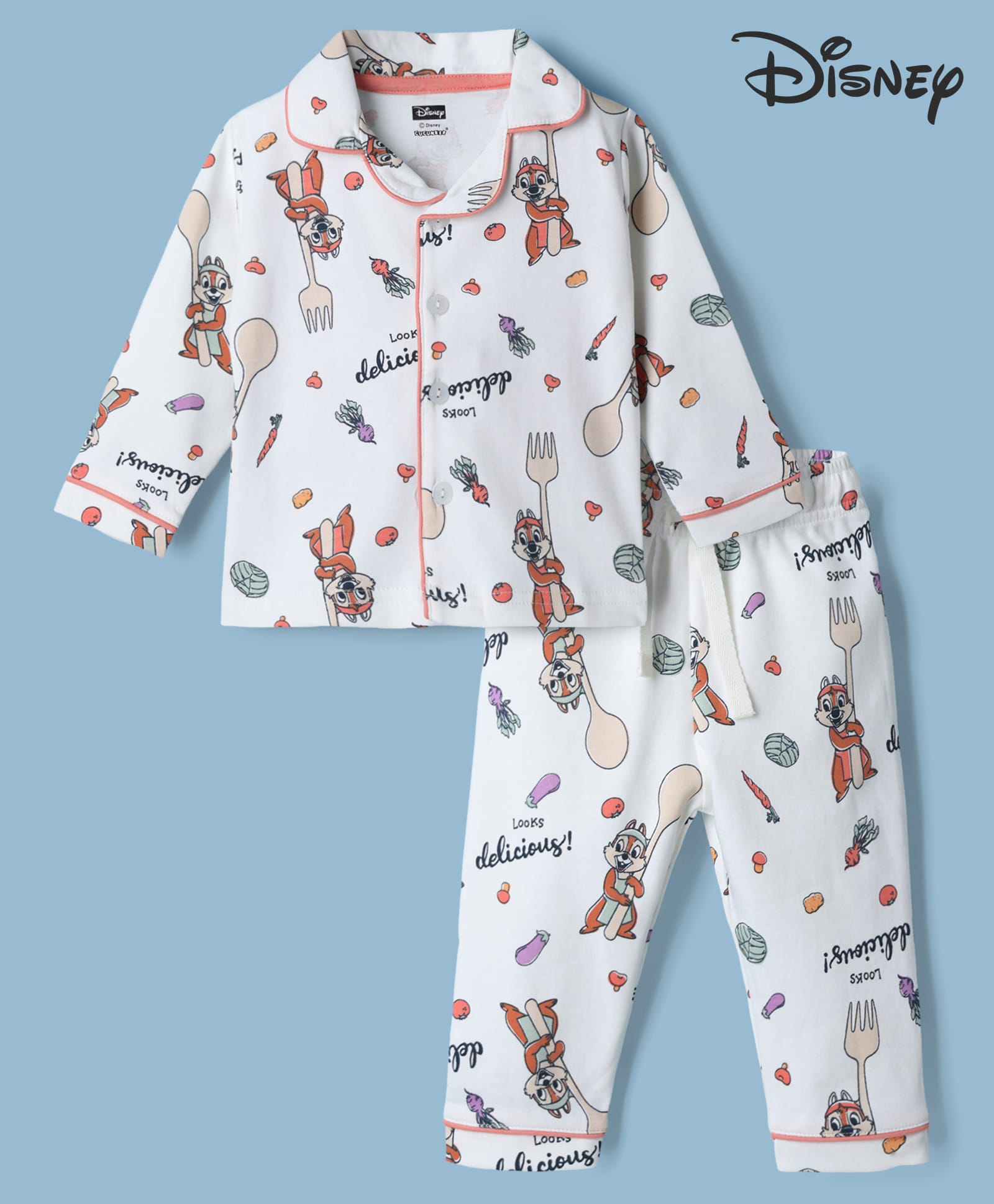 CUCUMBER Cotton Knit Full Sleeves Co-Ords Shirt & Pyjama Night Suit With Chip N Dale Graphic - White-image-13