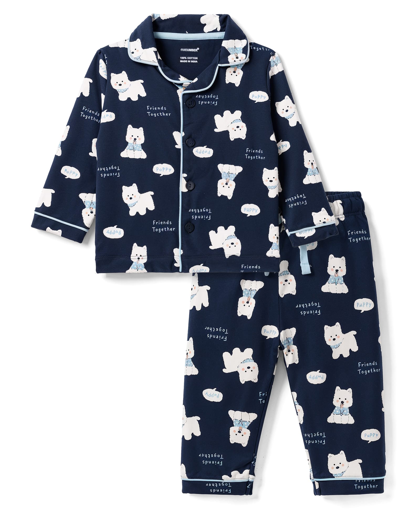CUCUMBER Cotton Knit Full Sleeves Co-Ords Shirt & Pyjama Night Suit With Animal Print- Navy Blue-picture-33