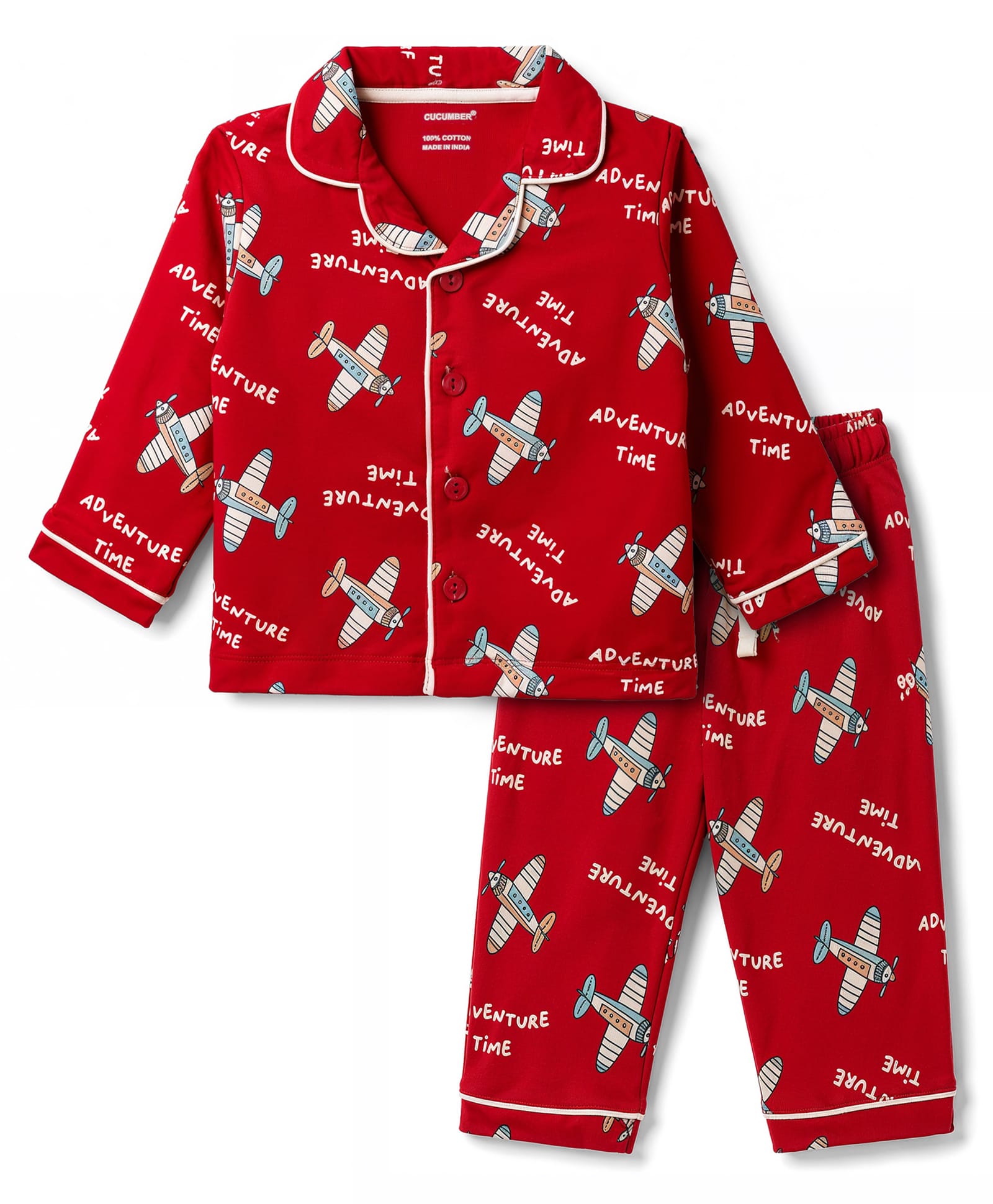 CUCUMBER Cotton Knit Full Sleeves Co-Ords Shirt & Pyjama Night Suit With Aeroplane Print - Red-picture-46