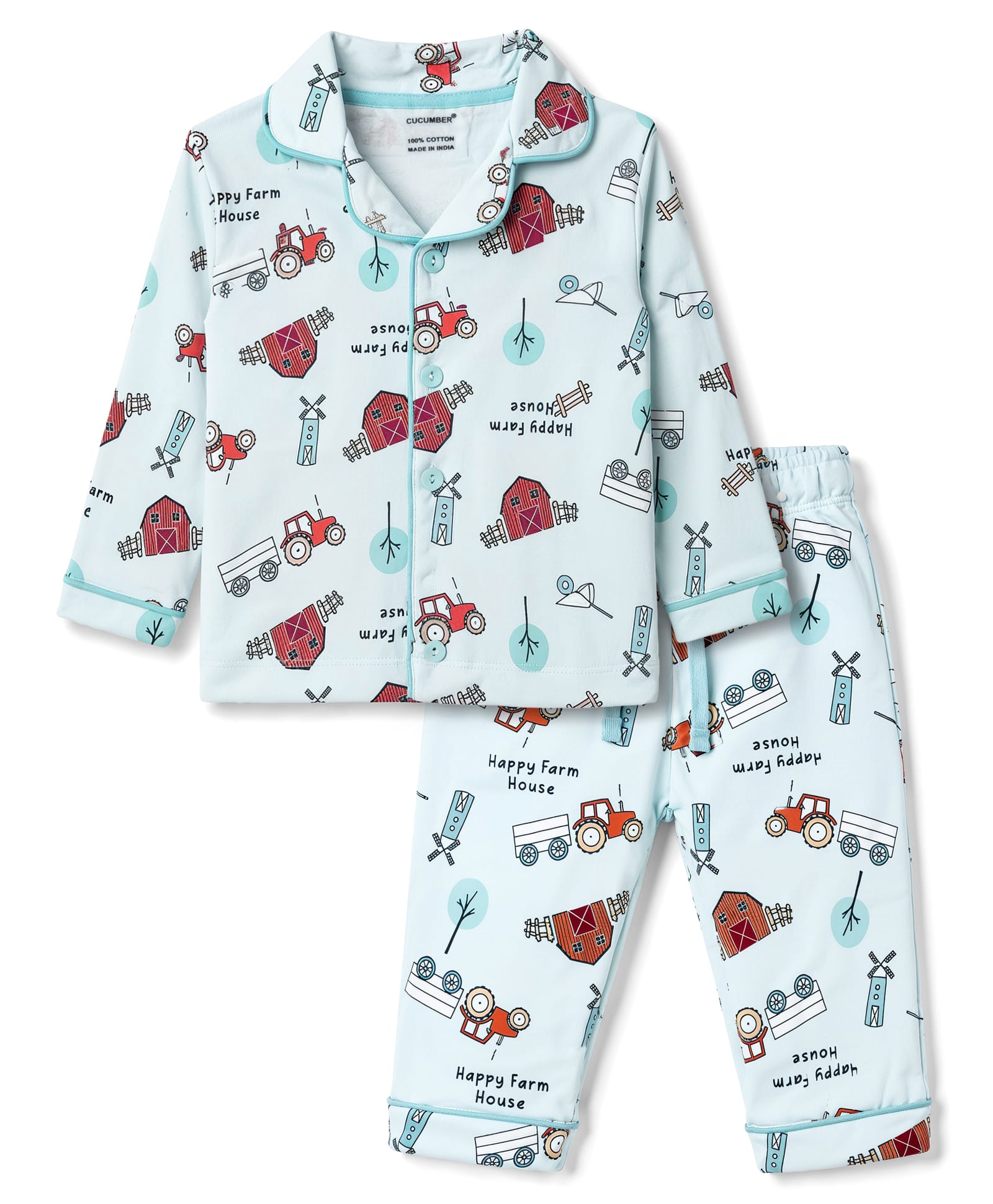 CUCUMBER Cotton Knit Full Sleeves Co-Ords Shirt & Pyjama Night Suit With Vehicles Print - Light Blue-image-35