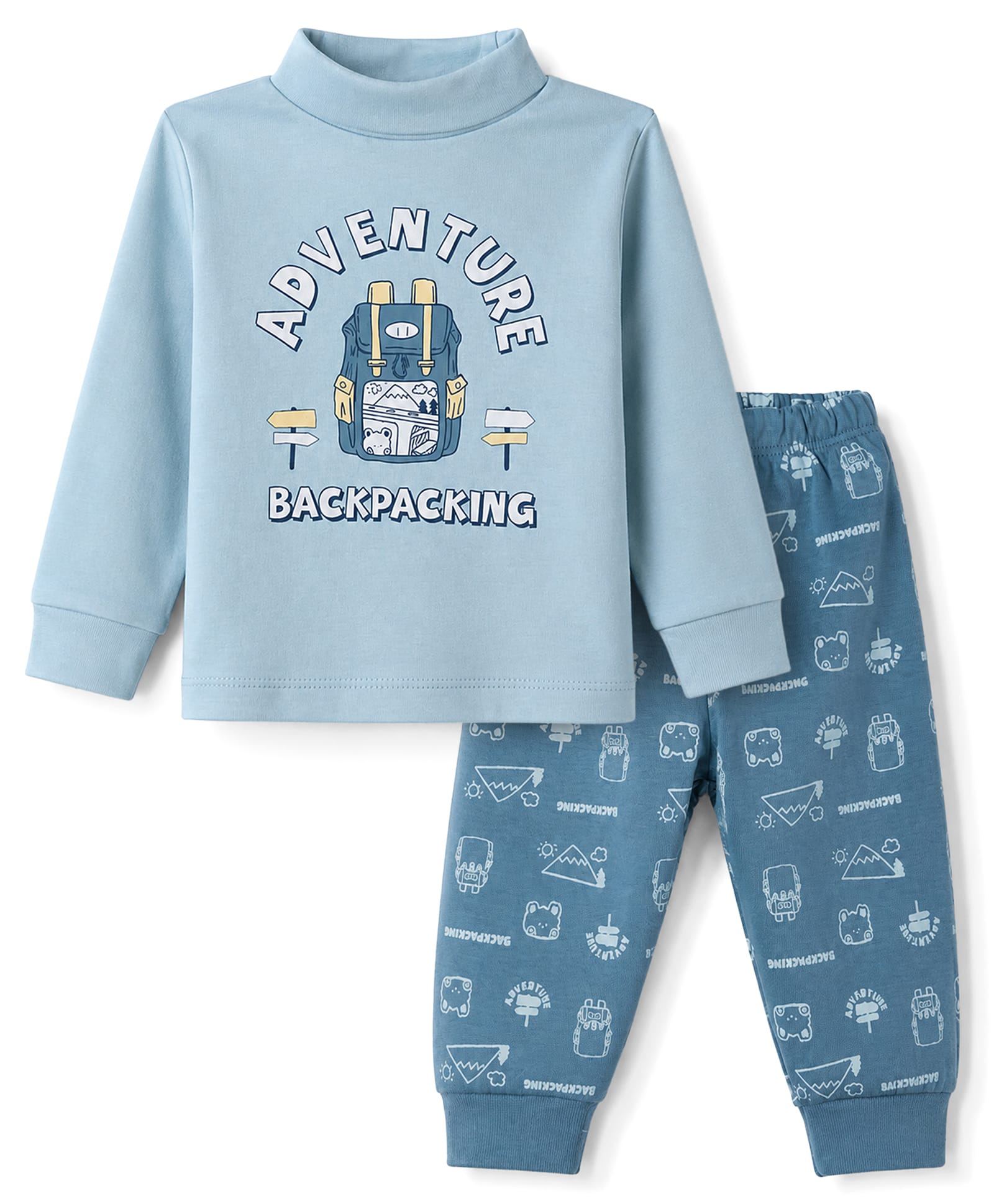 CUCUMBER Cotton Knit Full Sleeves T-Shirt & Pyjama Night Suit With Text Print - Light Blue-picture-23