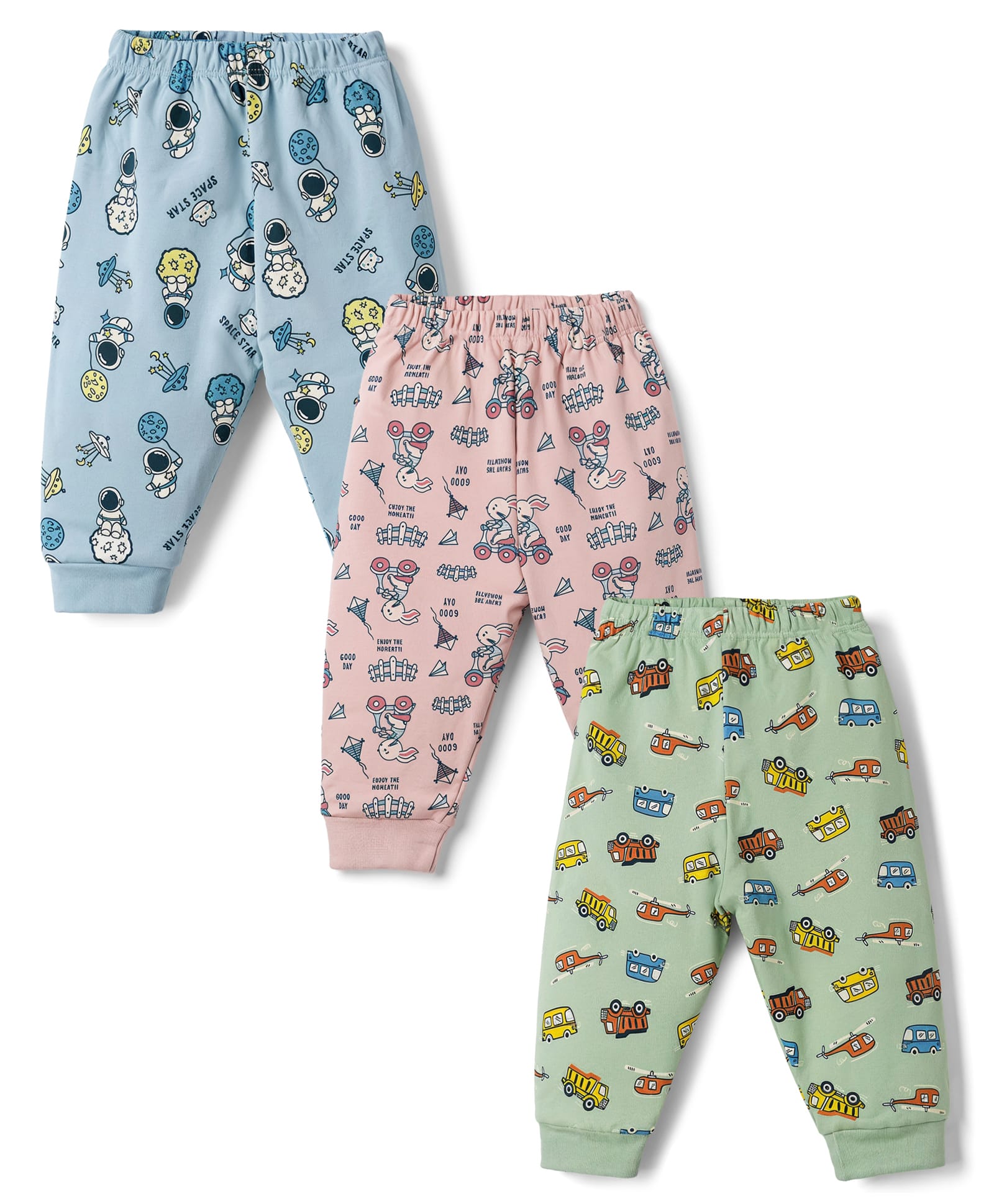 CUCUMBER Cotton Knit Full Length Space Theme Bunny & Vehicles Printed Leggings Pack Of 3 - Light Blue Pink & Light Green-picture-21