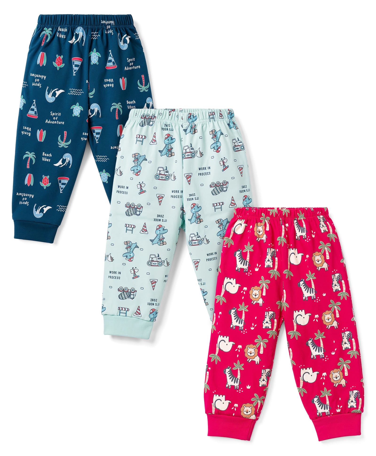 CUCUMBER Cotton Knit Full Length Beach Theme & Animal Printed Leggings Pack Of 3 - Light Blue Red & Navy Blue-image-29