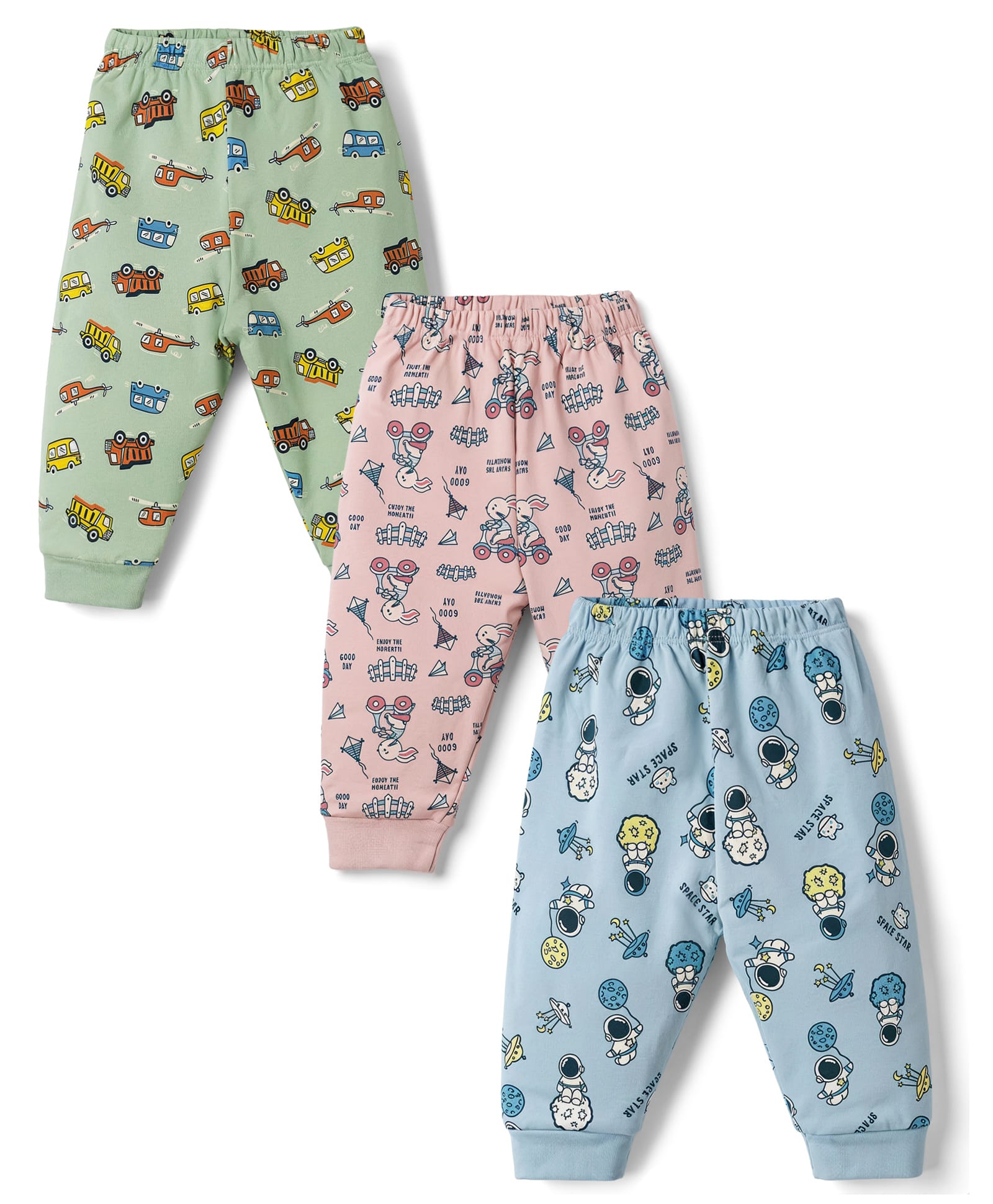 CUCUMBER Cotton Knit Full Length Car Bunny & Space Printed Lounge Pant - Light Green Blue & Pink-picture-21