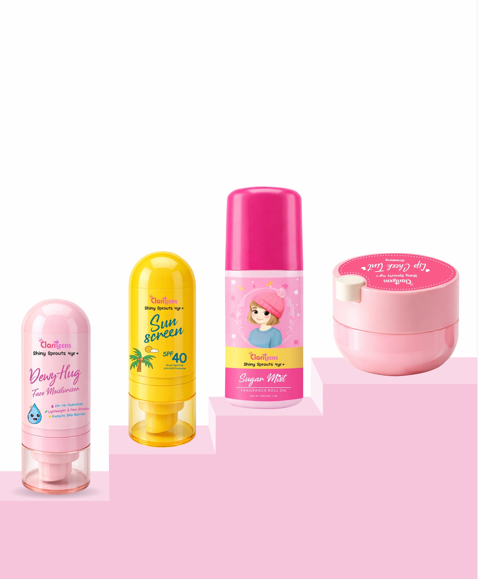Clariteens Dewy Hug Moisturizer, SPF 40 Mineral Sunscreen, Lip & Cheek Tint Strawberry & Sugar Mist Fragrance Roll-On Combo Pack For Kids-image-32