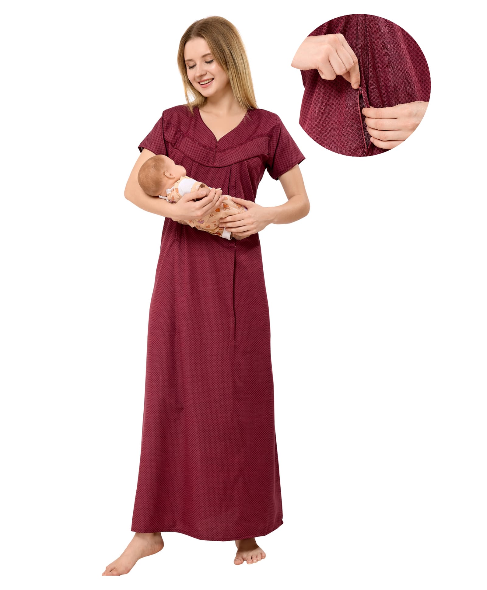 Piu Cotton Woven Half Sleeves Abstract Printed Maternity Nighty With Side Zipper Nursing Access - Maroon-picture-27