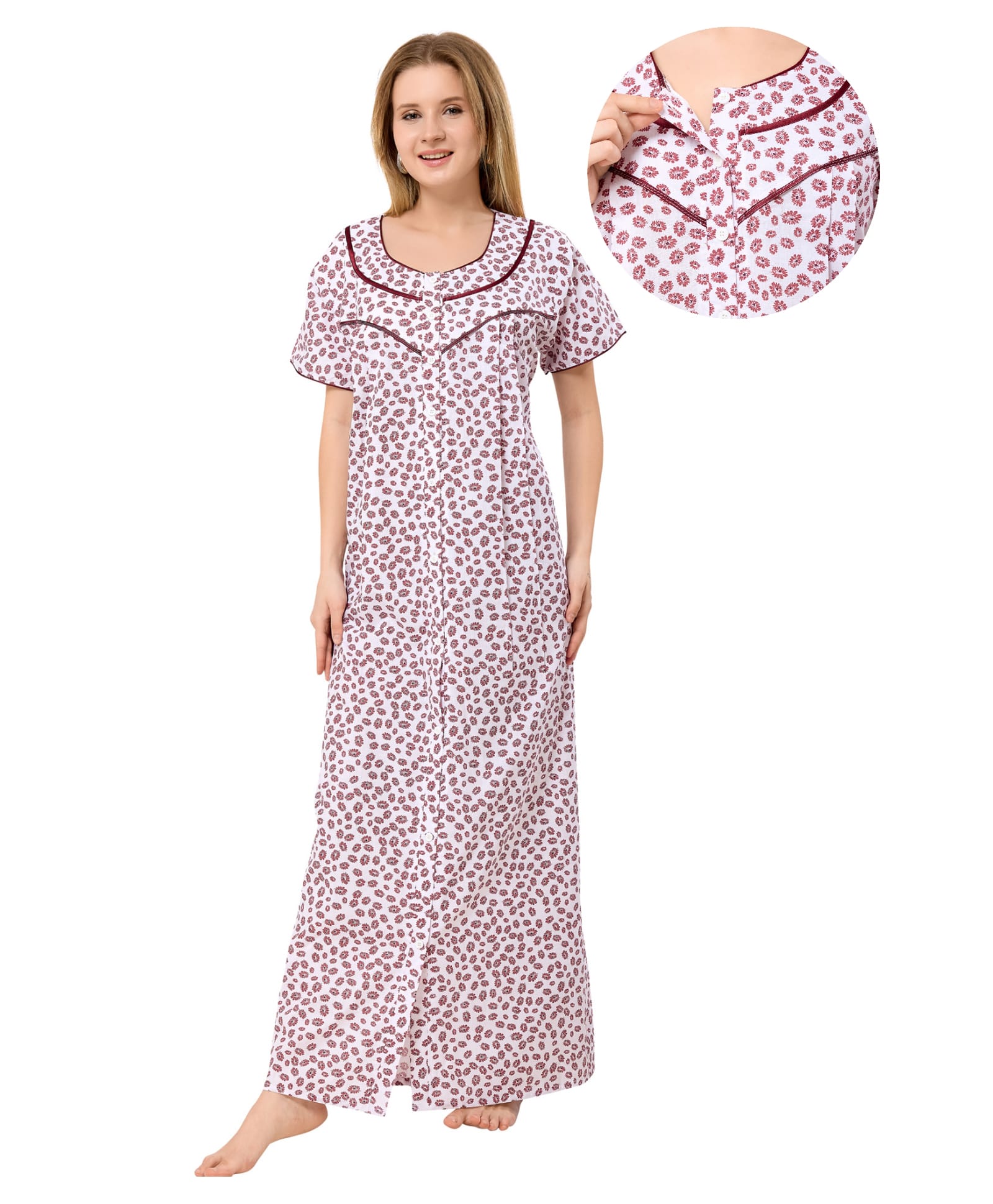 Piu Cotton Woven Half Sleeves Floral Printed Maternity Nighty With Front Button Nursing Access - Maroon-picture-48