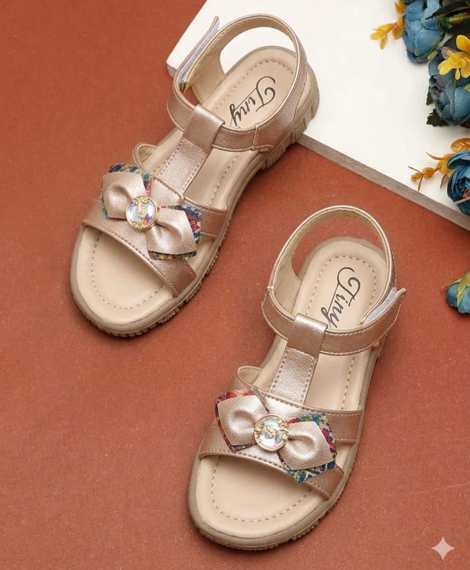Tiny Bugs Bow Applique Detailed Floral Charm Embellished Velcro Closure Sandals - Rose Gold-image-43