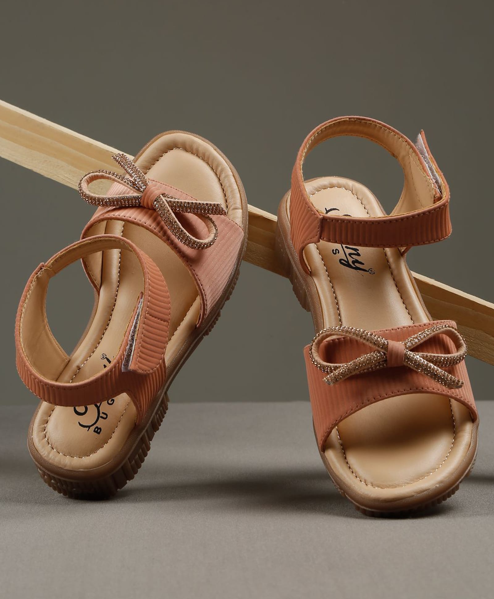 Tiny Bugs Stones Embellished Bow Applique Detailed Velcro Closure Sandals - Peach-picture-26