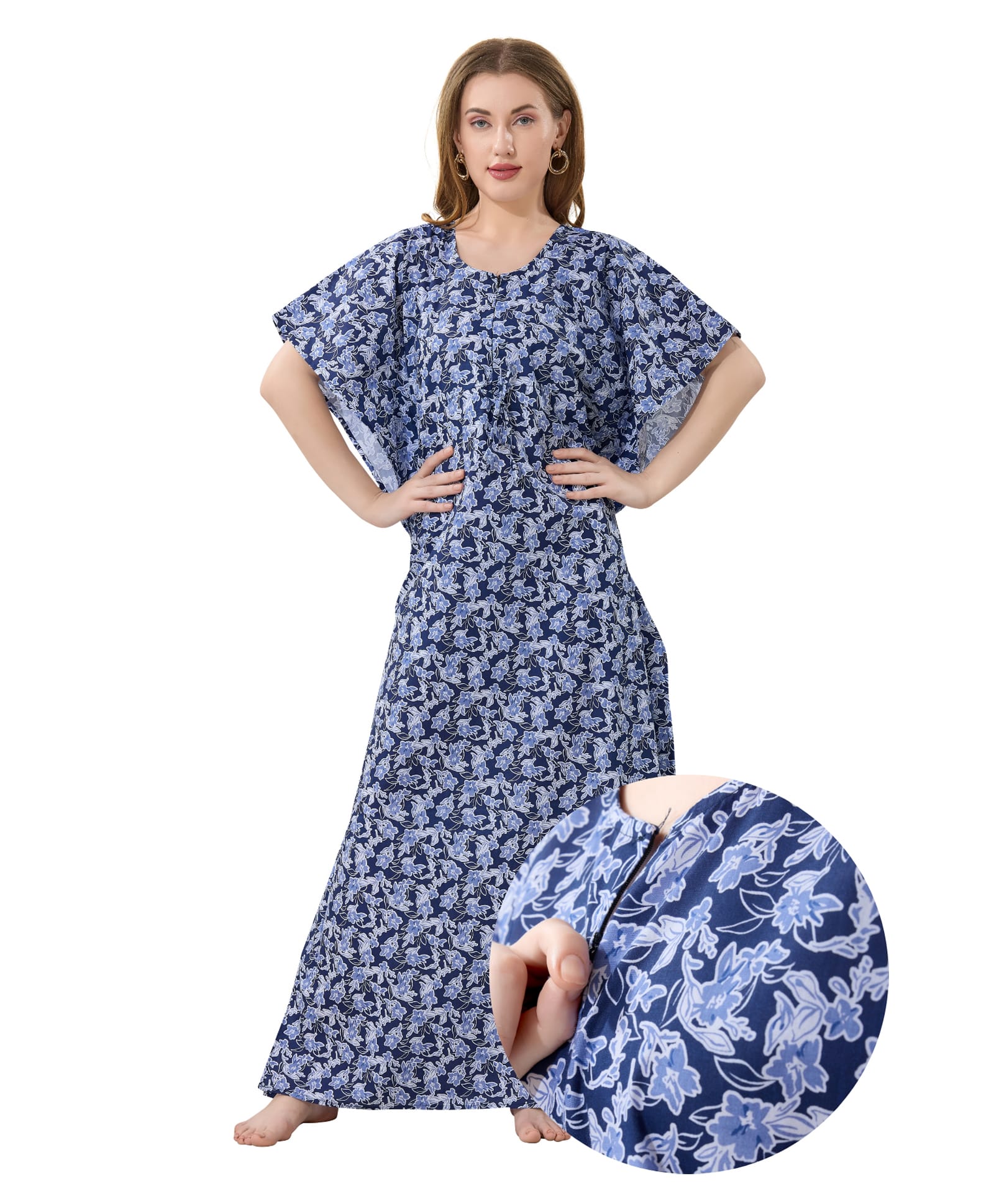 Piu Cotton Woven Half Sleeves Floral Printed Kaftan Style Maternity Nighty With Front Zipper Nursing Access - Blue-image-16