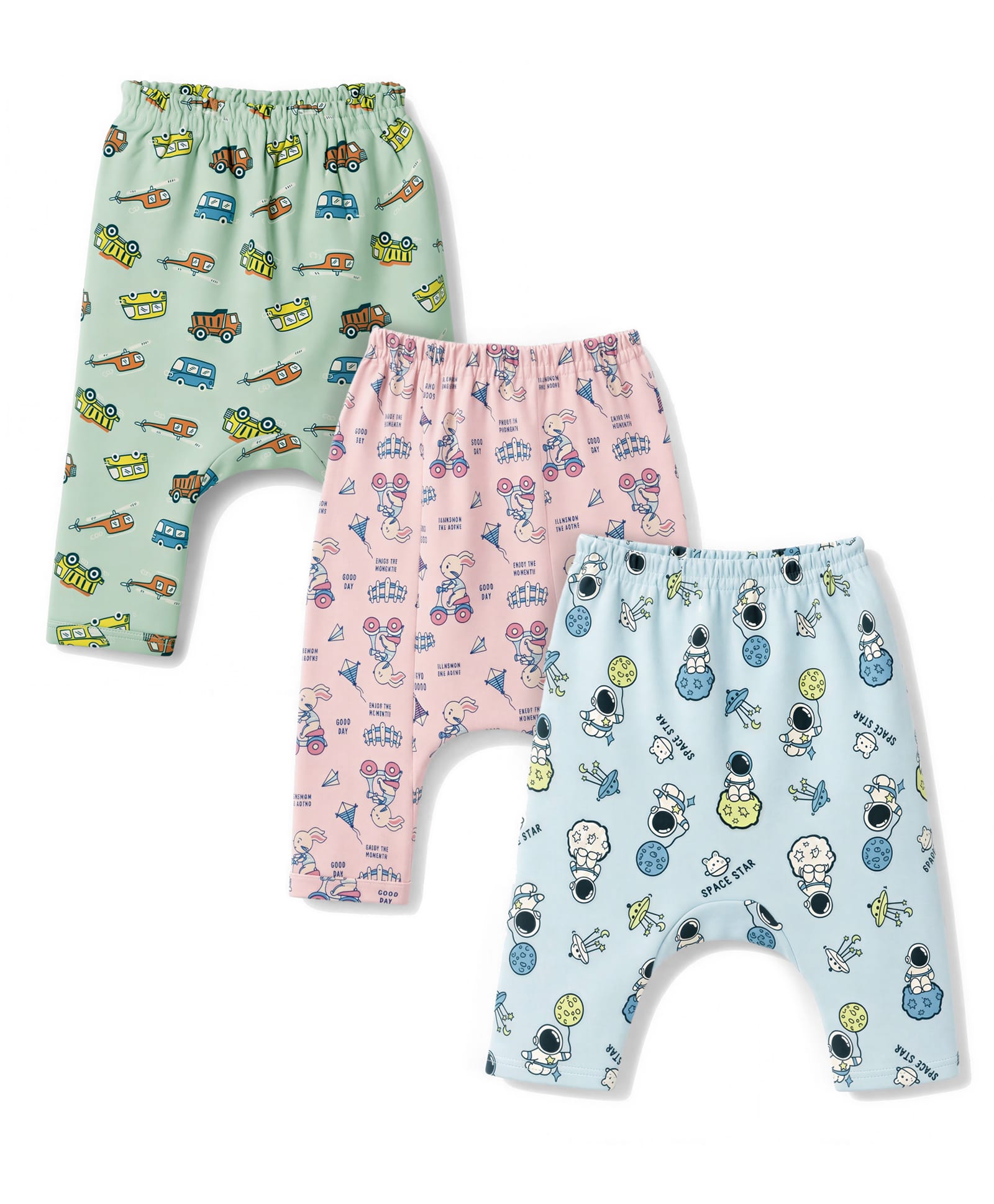 CUCUMBER Sinker Knit Full Length Diaper Leggings with Car Bunny & Space Theme Print Pack of 3 - Sea Green Pink & Blue-picture-1