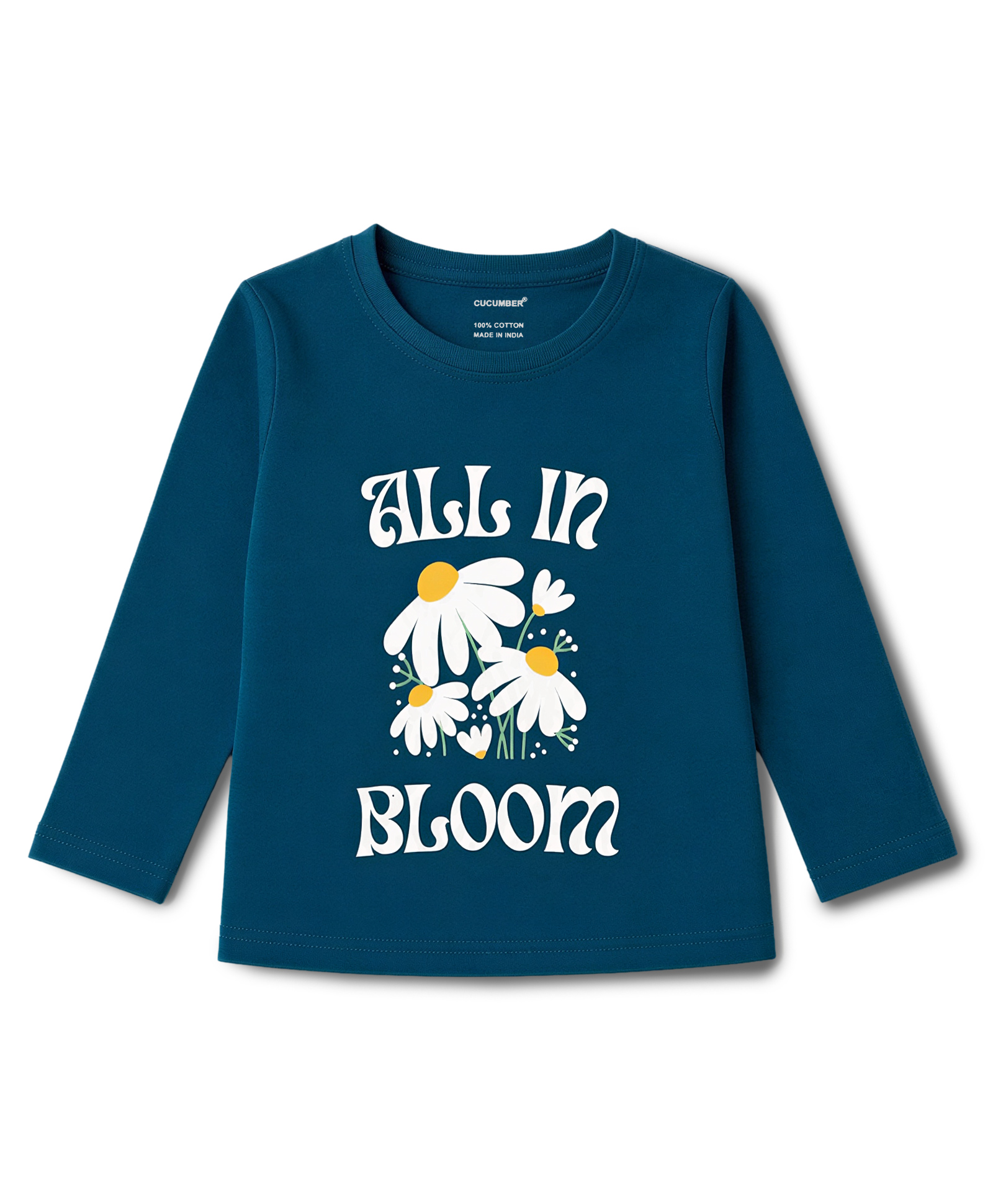 Cucumber Sinker Knit Full Sleeves Text & Floral Printed Top - Navy Blue-image-12