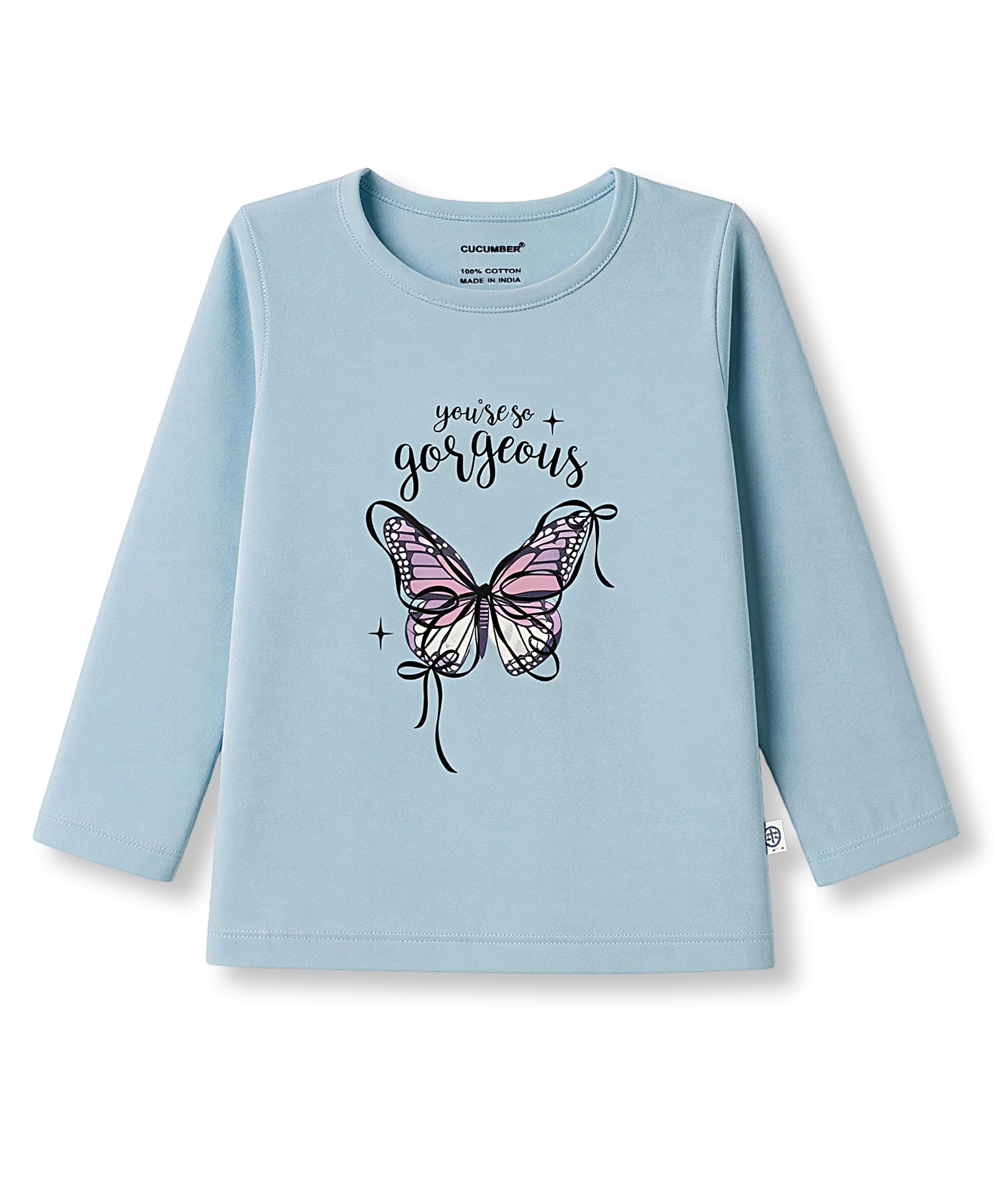 Cucumber Sinker Knit Full Sleeves Butterfly & Text Printed Top - Light Blue-image-18
