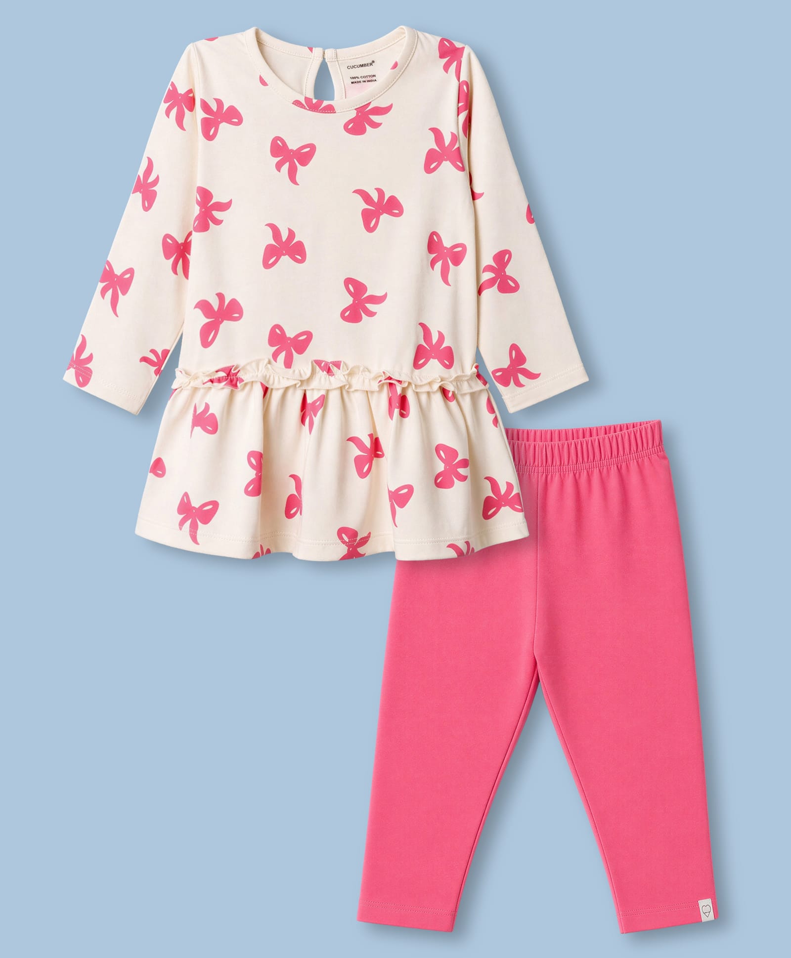 CUCUMBER Sinker Knit Full Sleeves Bow Printed T-Shirt & Pant Set - Cream-image-30