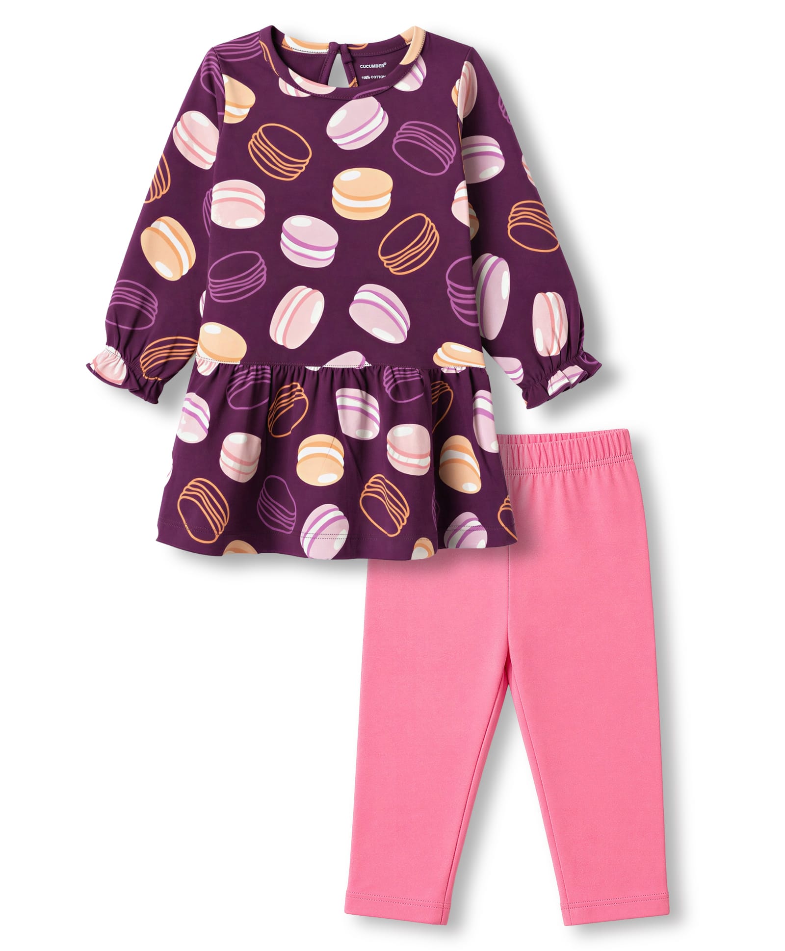 CUCUMBER Sinker Knit Full Sleeves Macaroon Printed T-Shirt & Pant Set - Wine-image-2
