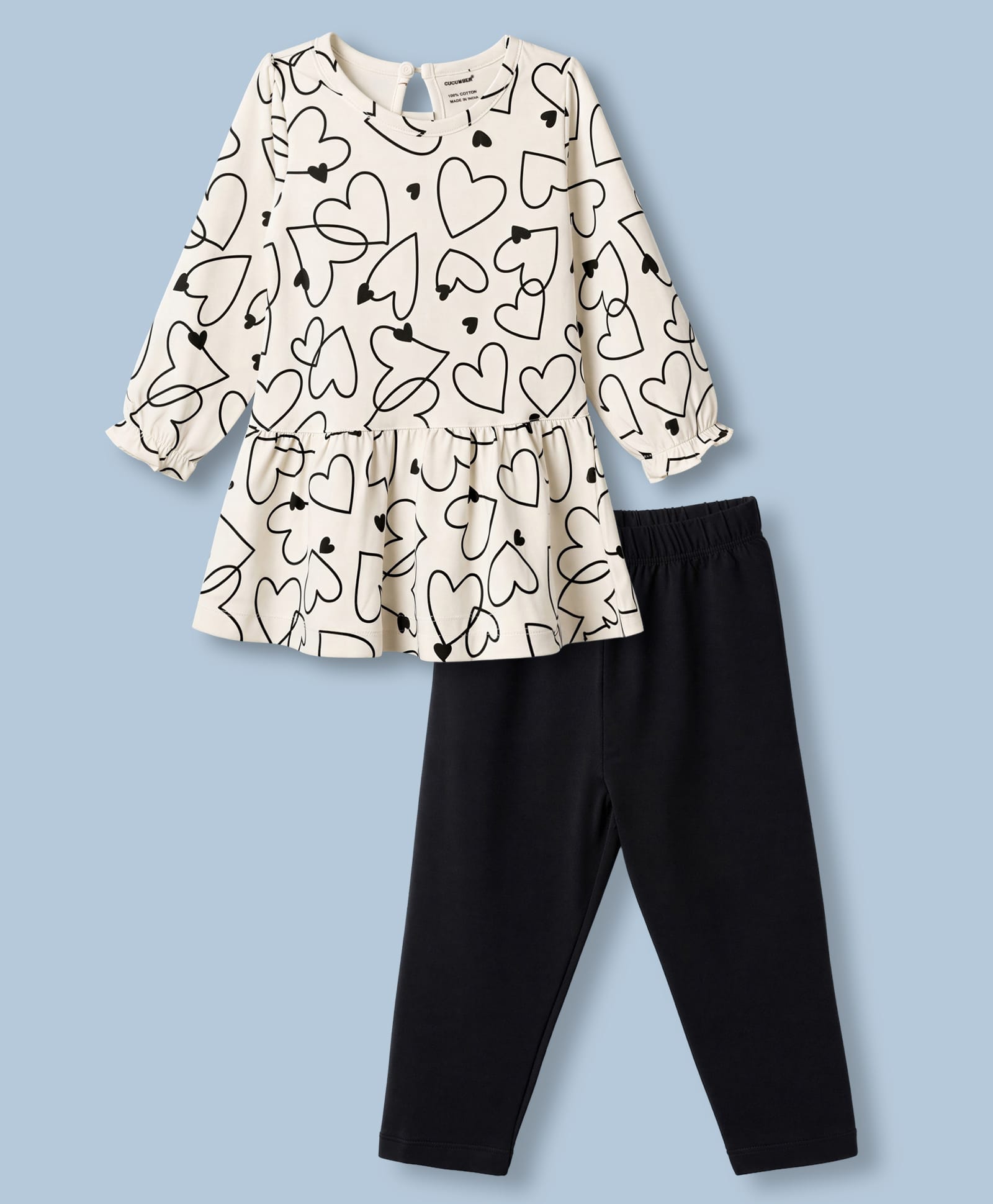 CUCUMBER Sinker Knit Full Sleeves Hearts Printed T-Shirt & Pant Set - Cream-picture-18