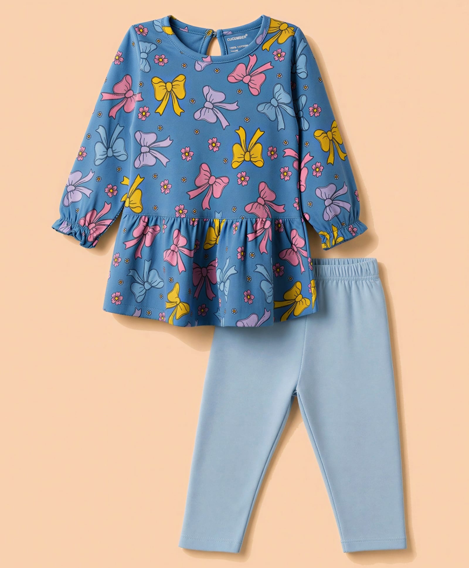 CUCUMBER Sinker Knit Full Sleeves Floral & Bow Printed T-Shirt & Pant Set - Grey-picture-15