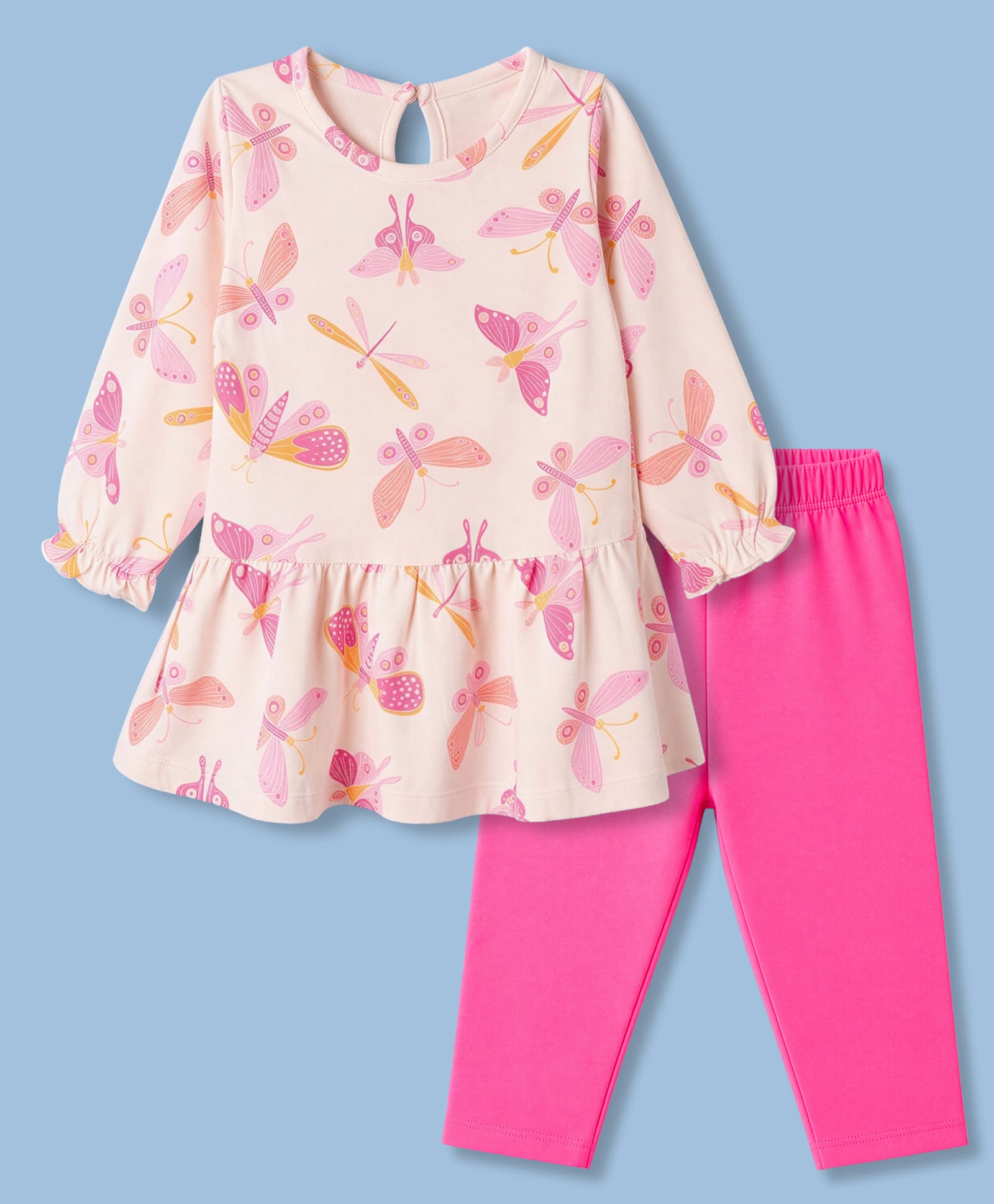 CUCUMBER Sinker Knit Full Sleeves Butterfly Printed T-Shirt & Pant Set - Pink-image-32