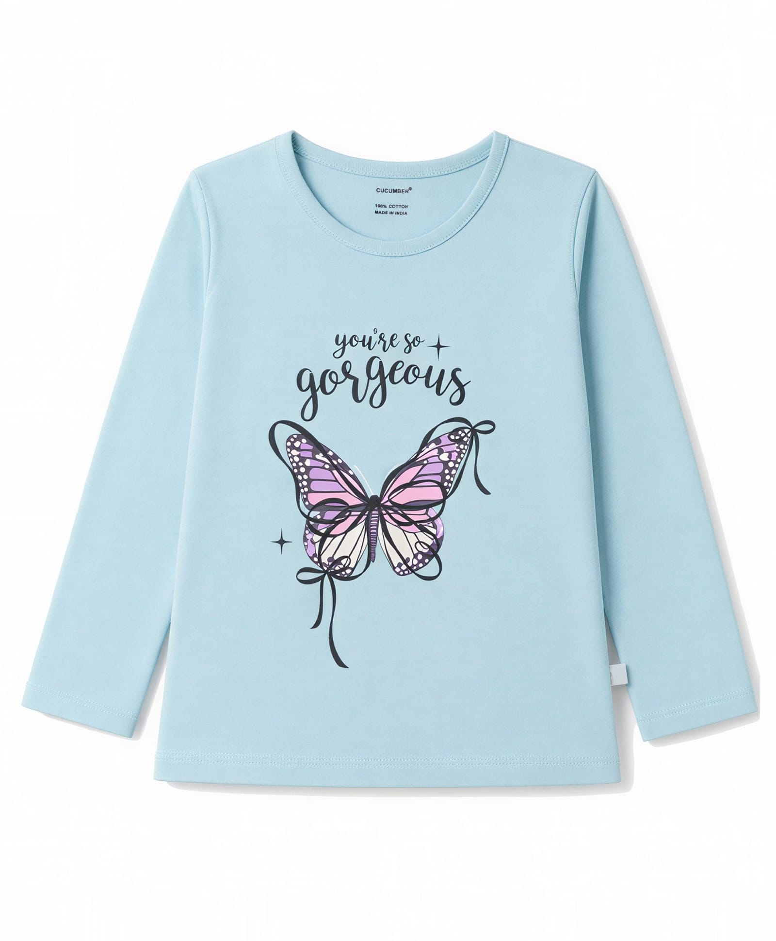 CUCUMBER Sinker Knit Full Sleeves Top With Butterfly Print- Light Blue-picture-14