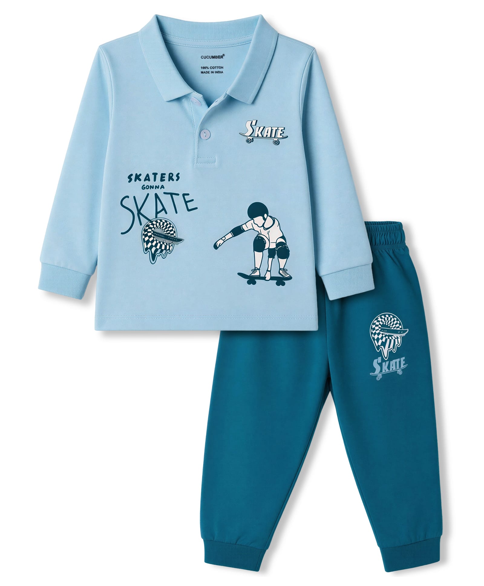 CUCUMBER Sinker Knit Full Sleeves Skates Theme & Text Printed Polo T-Shirt & Jogger Set - Light Blue-picture-18