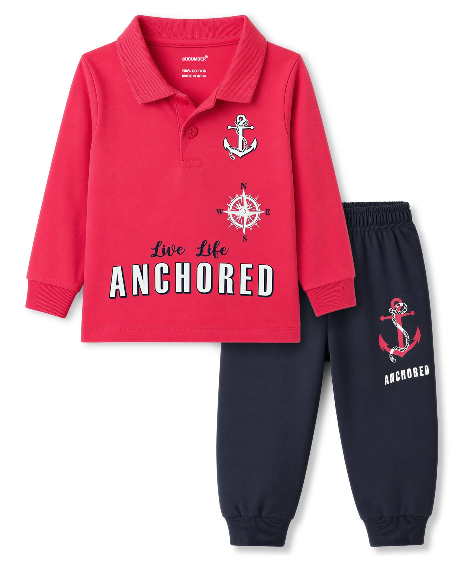 CUCUMBER Sinker Knit Full Sleeves Nautical Theme Printed Polo T-Shirt & Jogger Set - Red-picture-27
