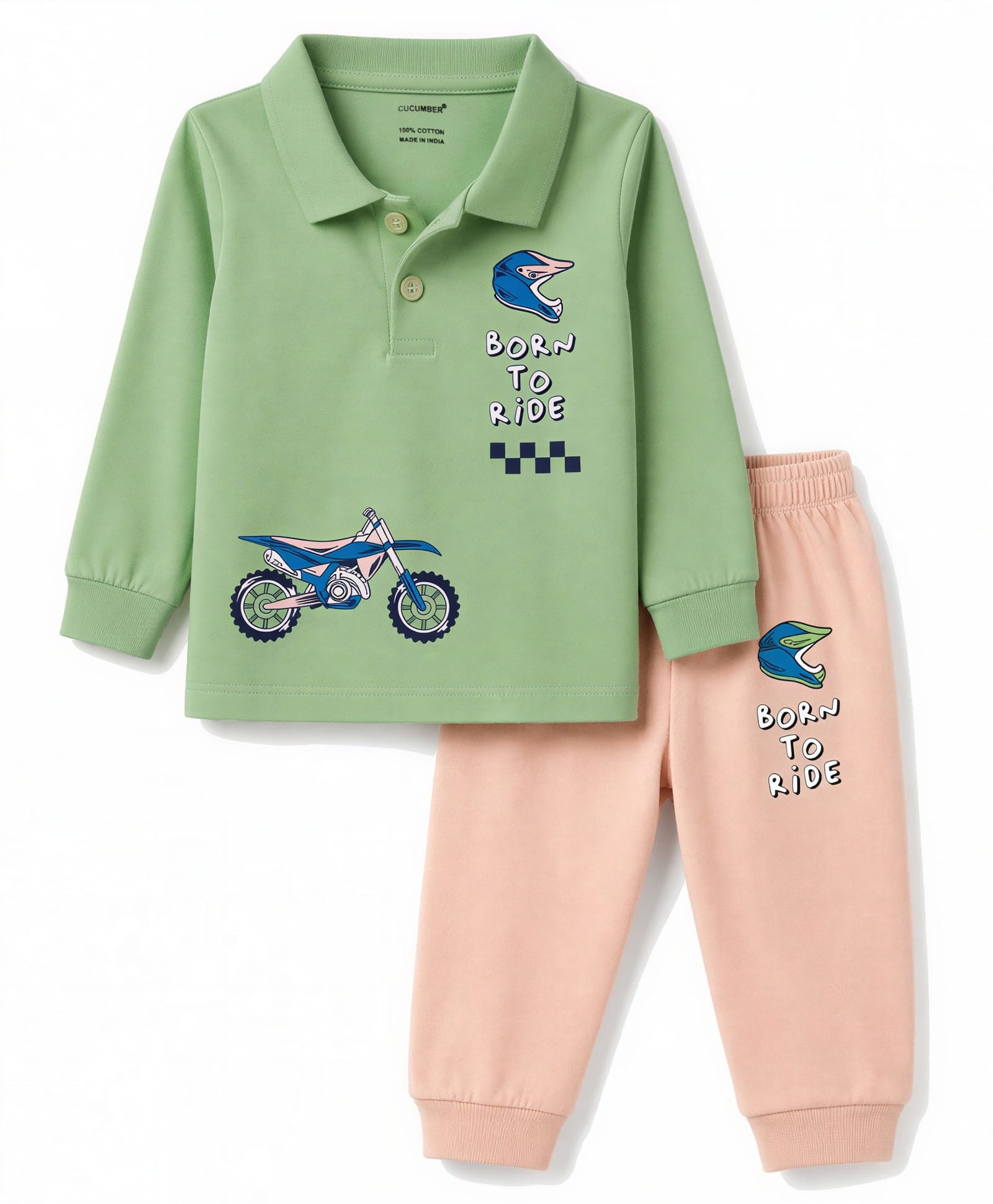 CUCUMBER Sinker Knit Full Sleeves T-Shirt & Jogger With Bike & Text Print - Green-picture-27