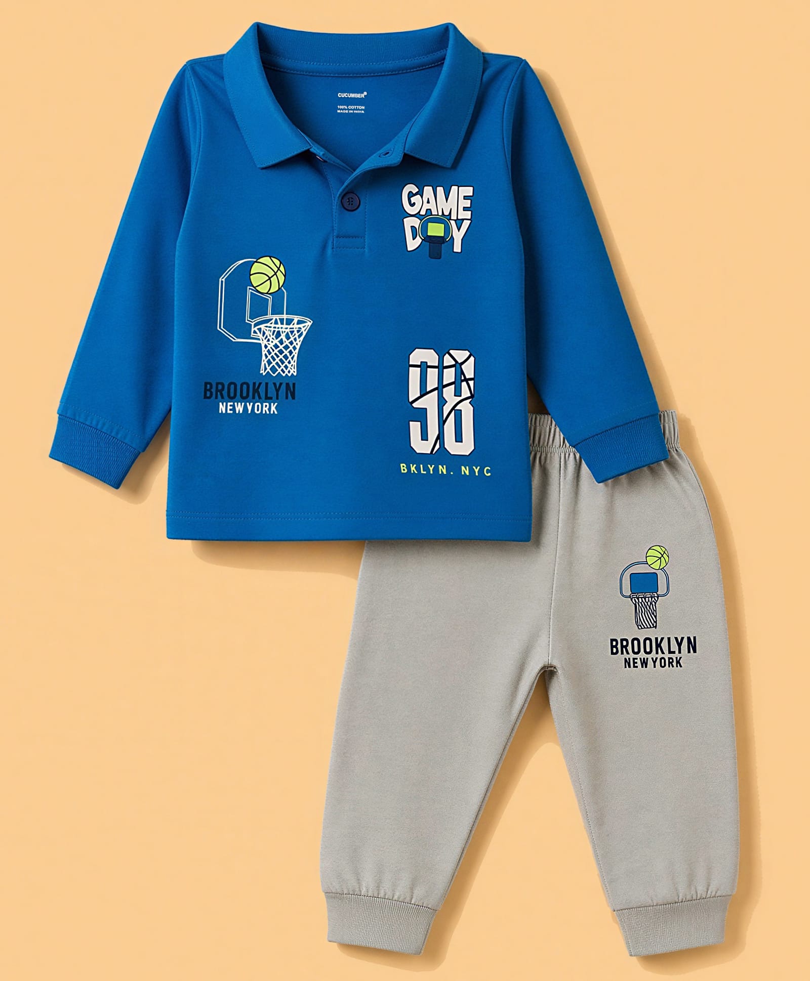 CUCUMBER Sinker Knit Full Sleeves Text Printed Polo T-Shirt & Jogger Set - Blue-image-25