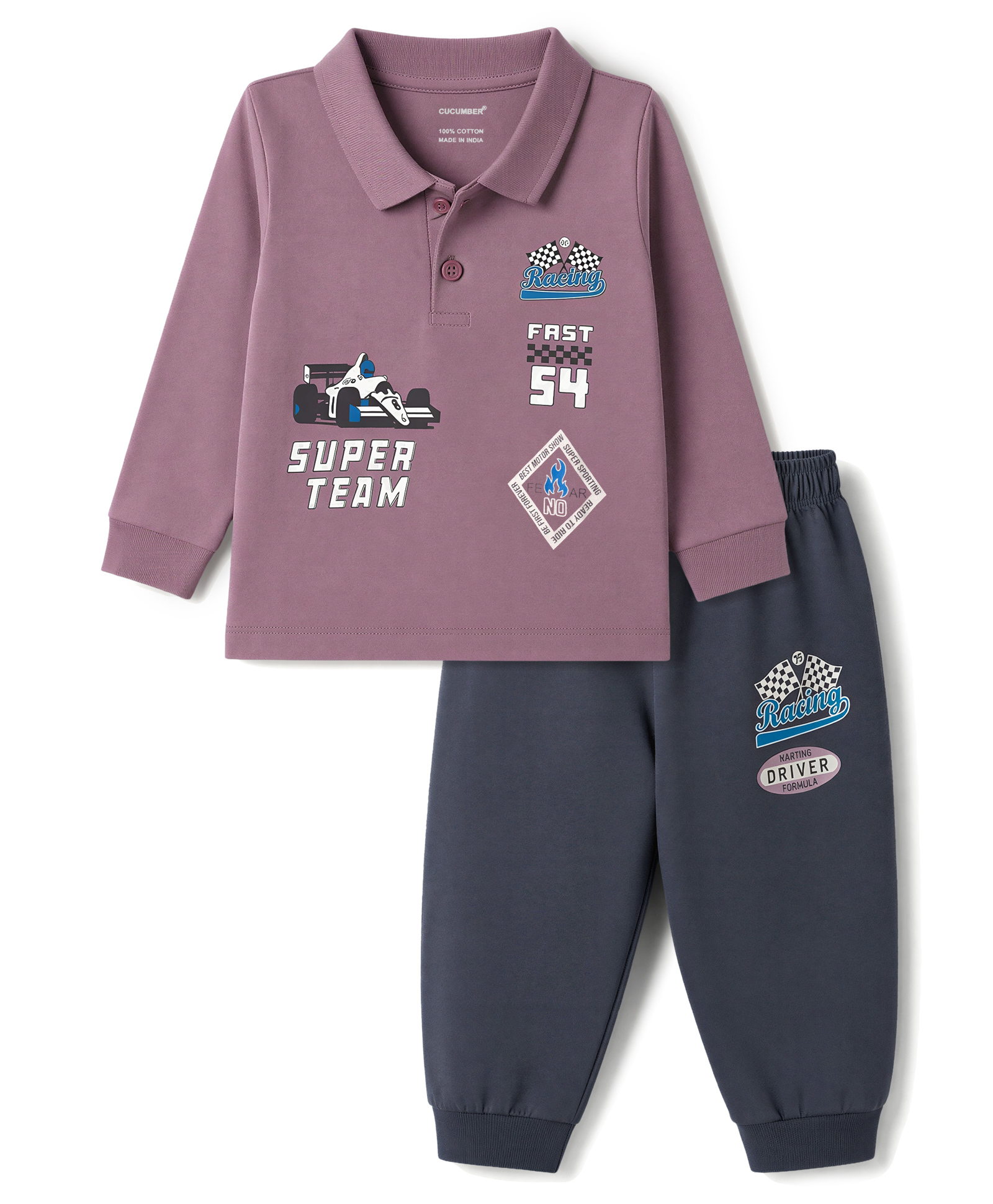 CUCUMBER Sinker Knit Full Sleeves Text & Vehicles Printed Polo T-Shirt & Jogger Set - Rose Gold-image-17
