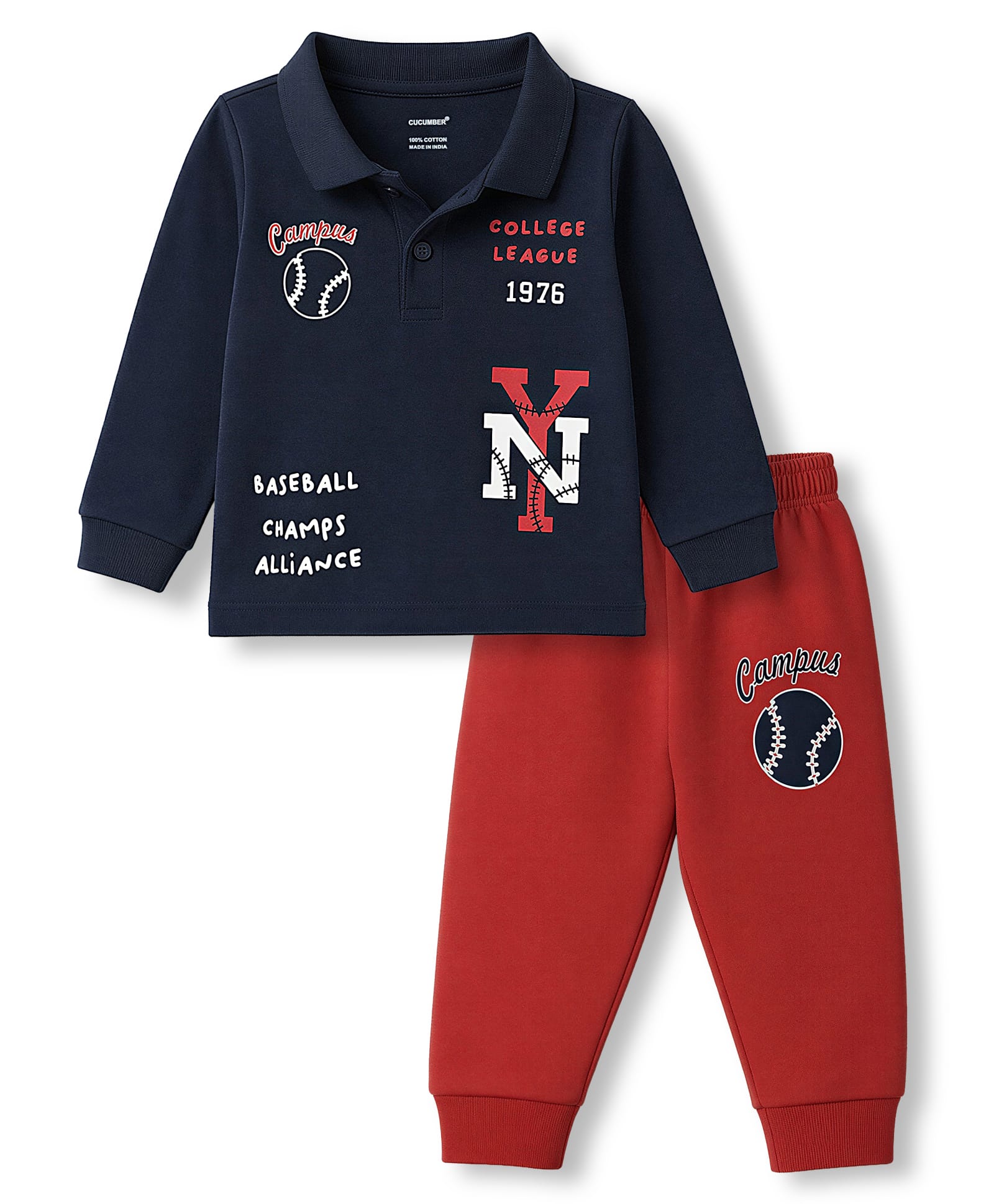 CUCUMBER Sinker Knit Full Sleeves Text Printed Polo T-Shirt & Jogger Set - Navy Blue-image-5