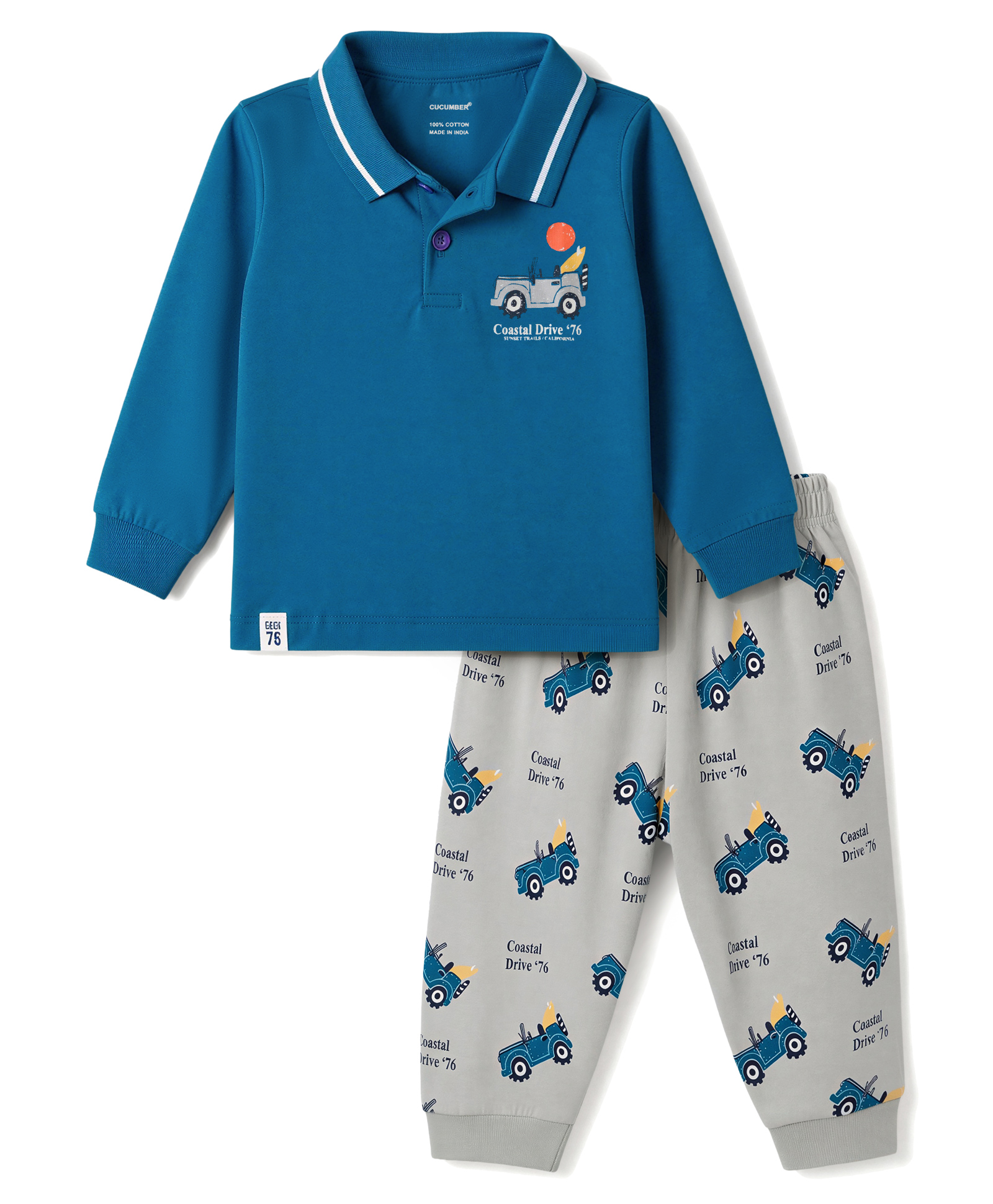 CUCUMBER Sinker Knit Full Sleeves Vehicles Printed Polo T-Shirt & Jogger Set - Blue-image-24