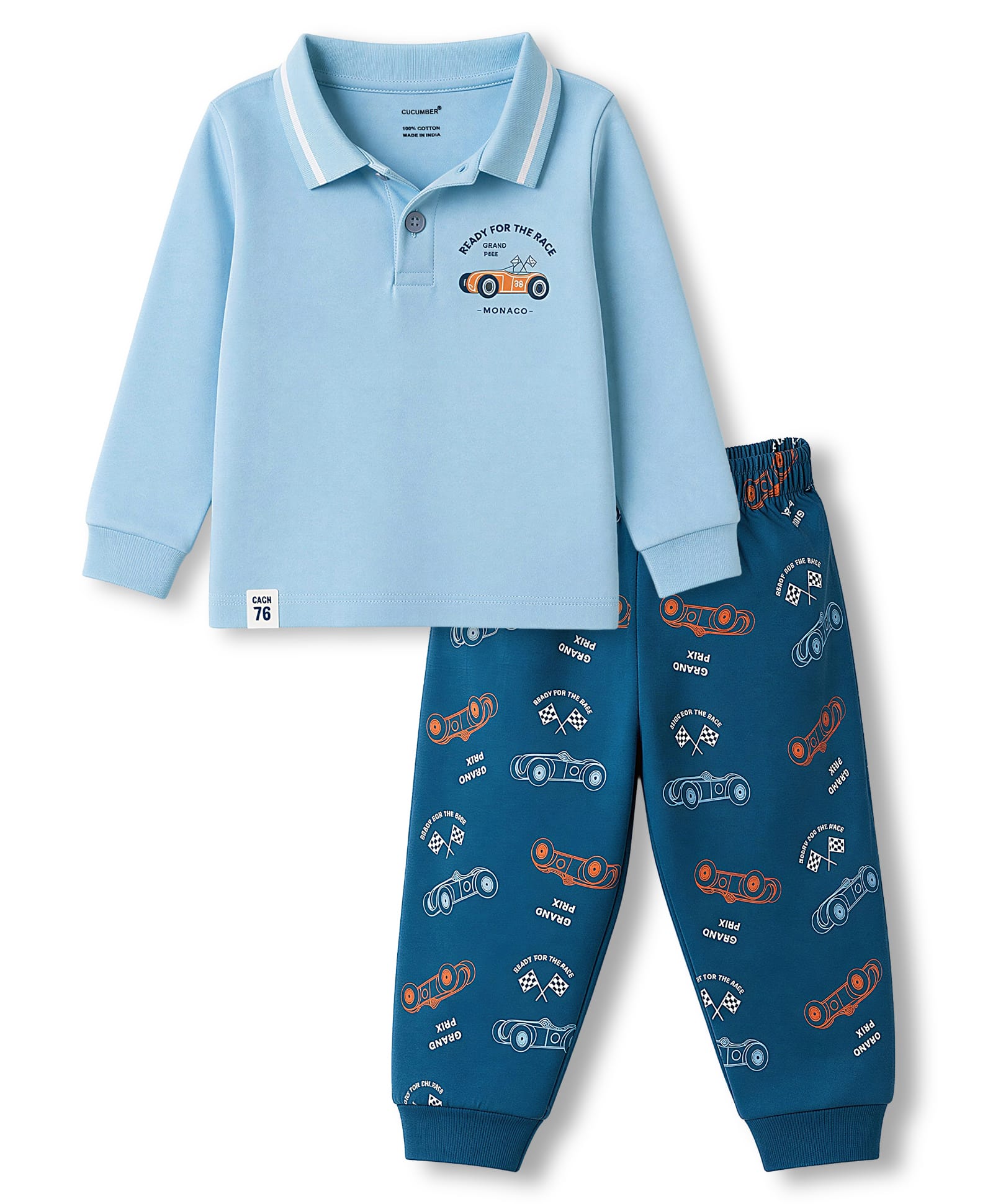 CUCUMBER Sinker Knit Full Sleeves Vehicles Printed Polo T-Shirt & Jogger Set - Light Blue-image-2