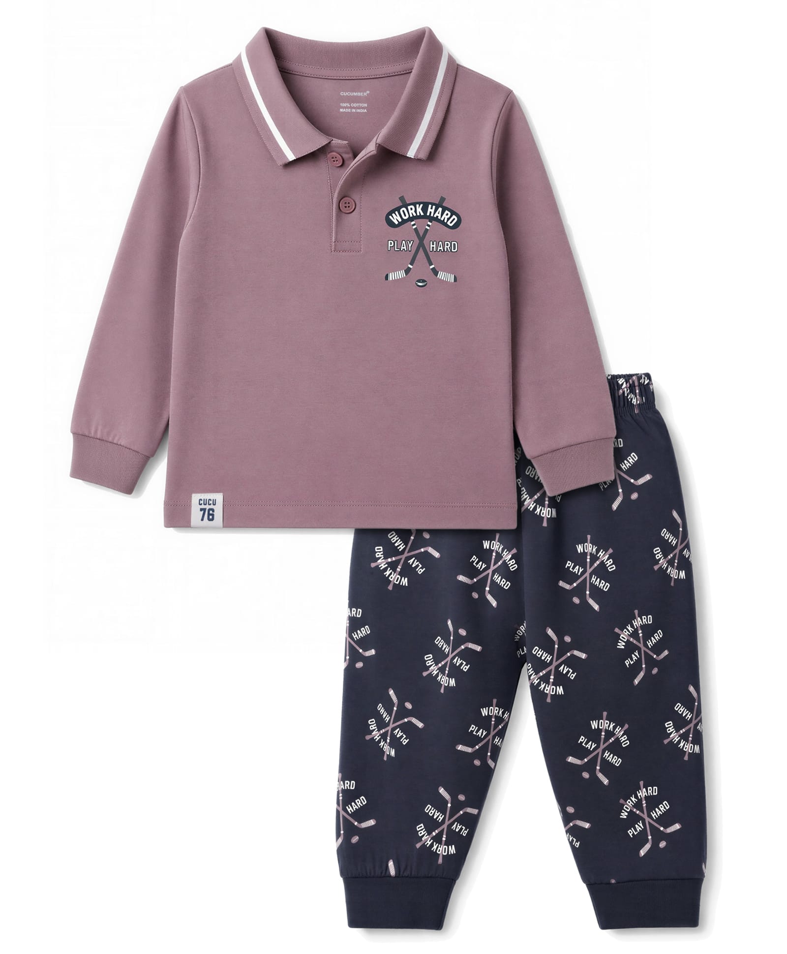 CUCUMBER Sinker Knit Full Sleeves Text Printed Polo T-Shirt & Jogger Set - Rose Gold-image-15
