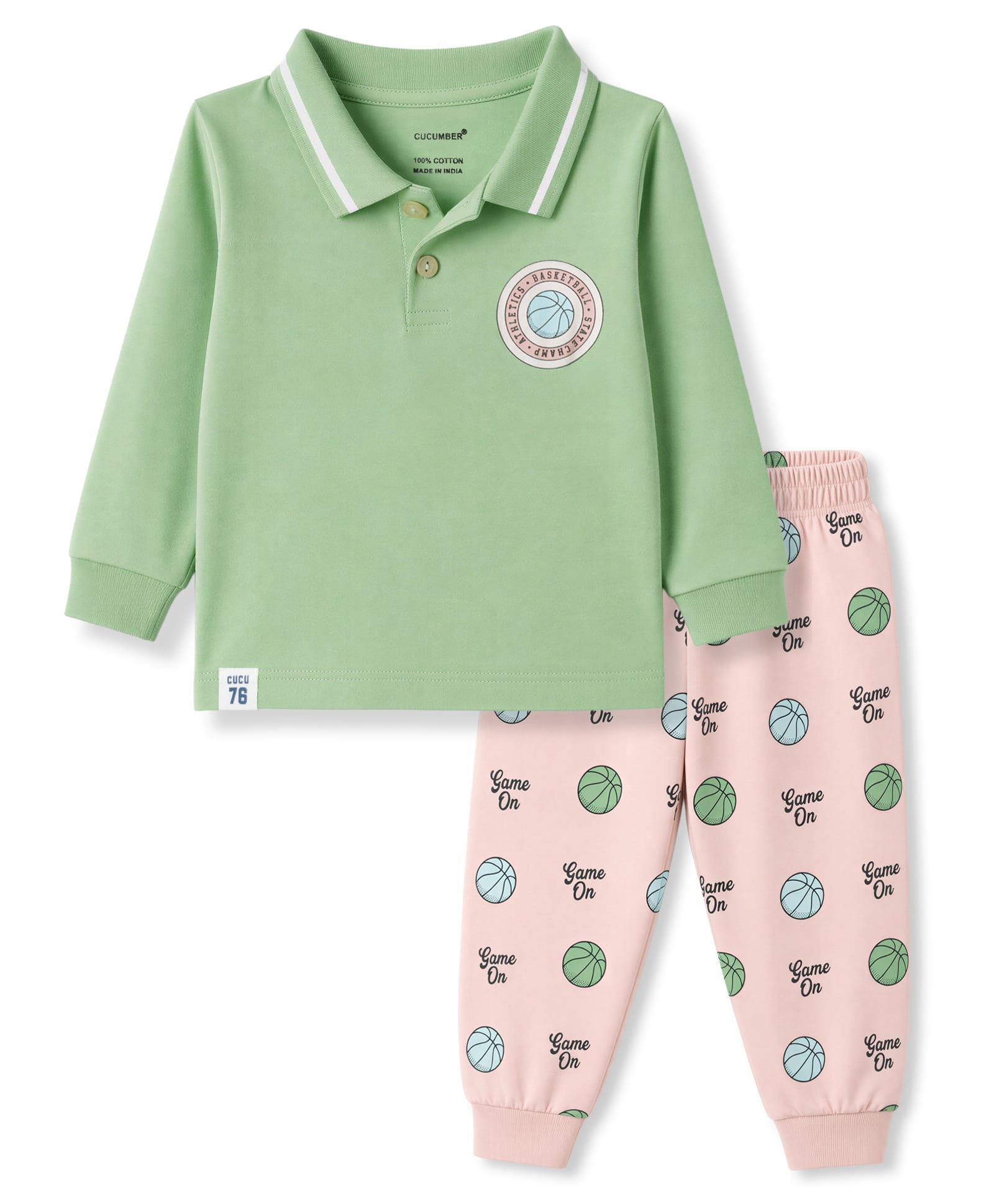 CUCUMBER Sinker Knit Full Sleeves Text & Sports Theme Printed Polo T-Shirt & Jogger Set - Light Green-picture-10