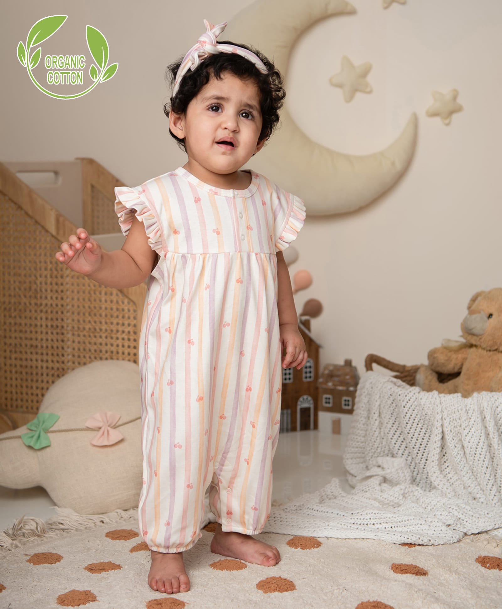 Cot & Candy Organic Organic Cotton Knit Frill Sleeves Striped Romper - White Orange & Pink-image-38