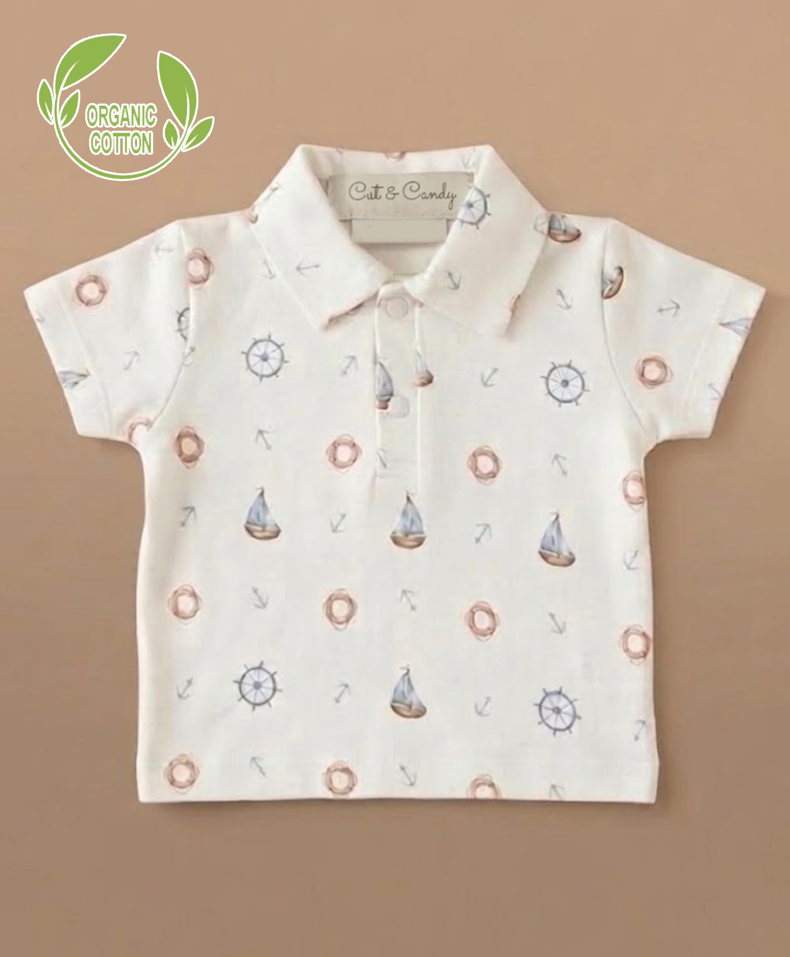 Cot & Candy Organic Cotton Knit Half Sleeves Nautical Theme Printed Polo Tee - White-image-12