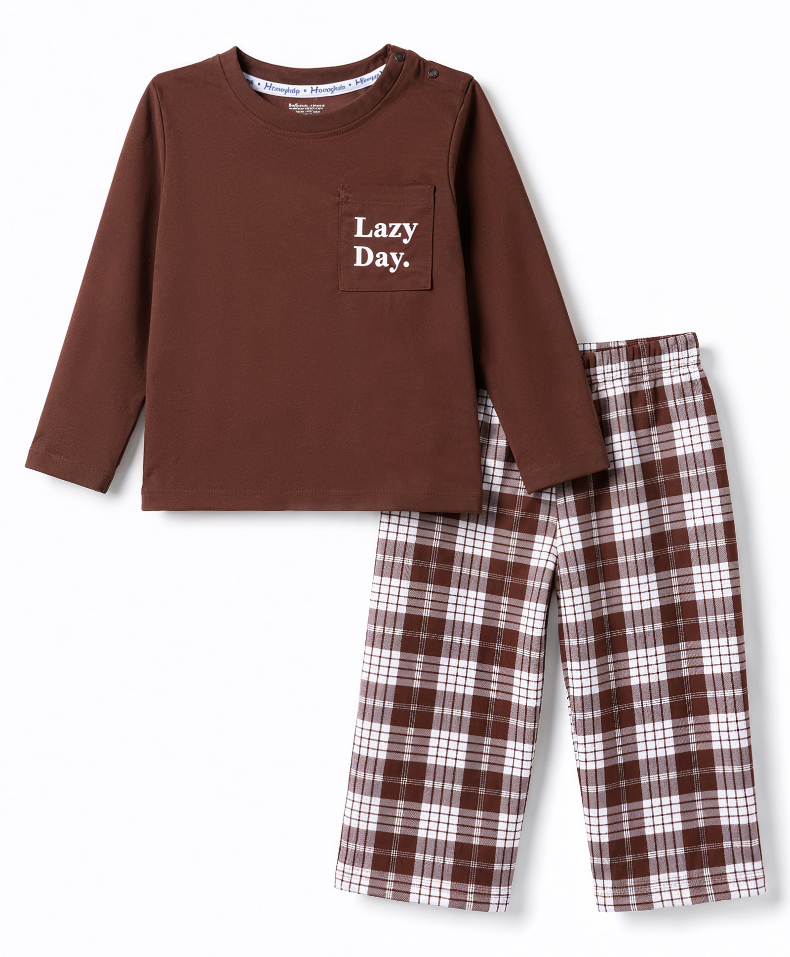 Honeyhap Premium 100% Cotton Knit Full Sleeves Text Printed T-Shirt & Pajama Night Suit with Bio Finish & Checks - Brown-image-11