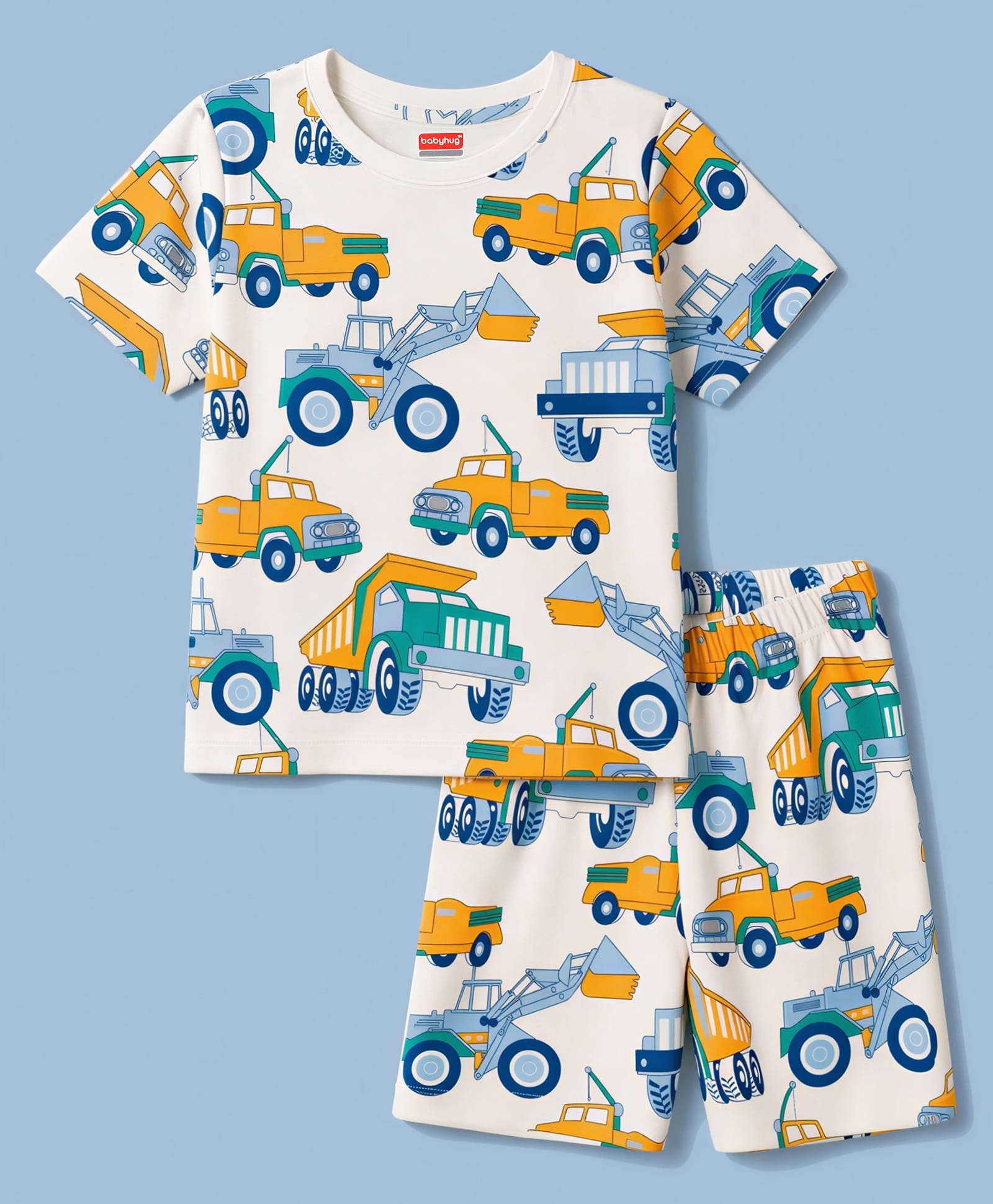Babyhug Cotton Knit Half Sleeves Vehicles Printed Co-Ords T-Shirt & Shorts Night Suit - Cream-image-8