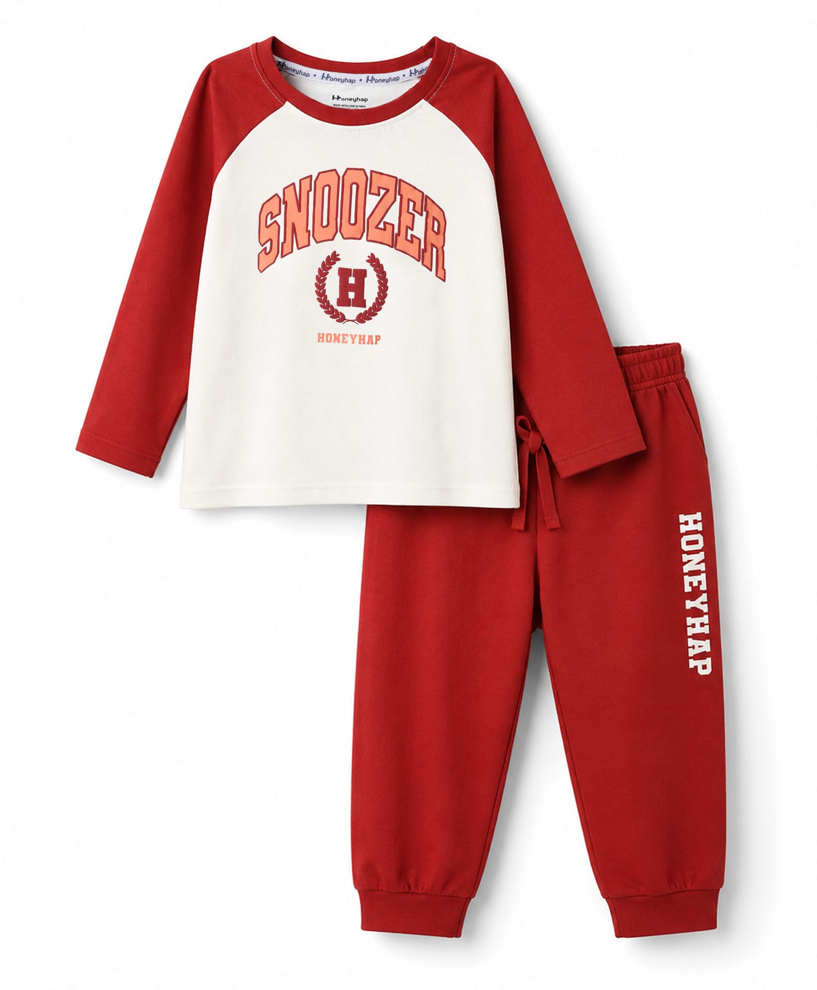 Honeyhap Premium 100% Cotton Knit Full Raglan SleevesT-Shirt & Pyjama Night Suit with Text Print & Bio Finish - Marshmallow & Pompeian Red-image-3